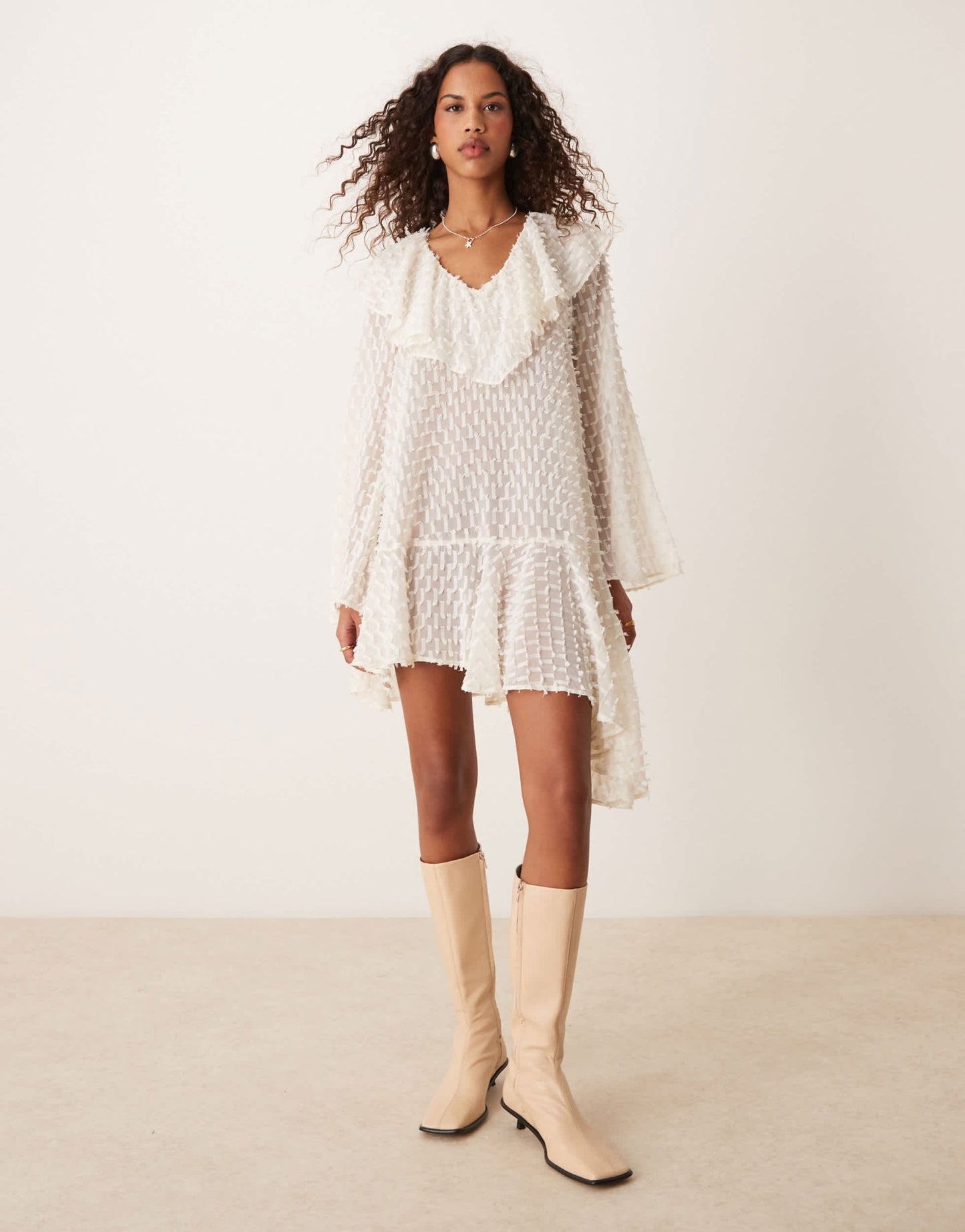 ASOS DESIGN v neck asymmetric hem dobby mini dress in winter white - ASOS Sample Sale