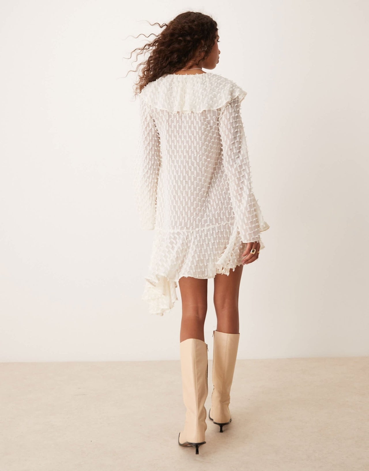 ASOS DESIGN v neck asymmetric hem dobby mini dress in winter white - ASOS Sample Sale