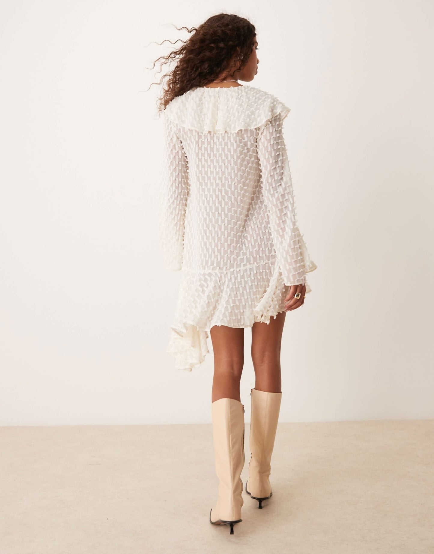 ASOS DESIGN v neck asymmetric hem dobby mini dress in winter white - ASOS Sample Sale