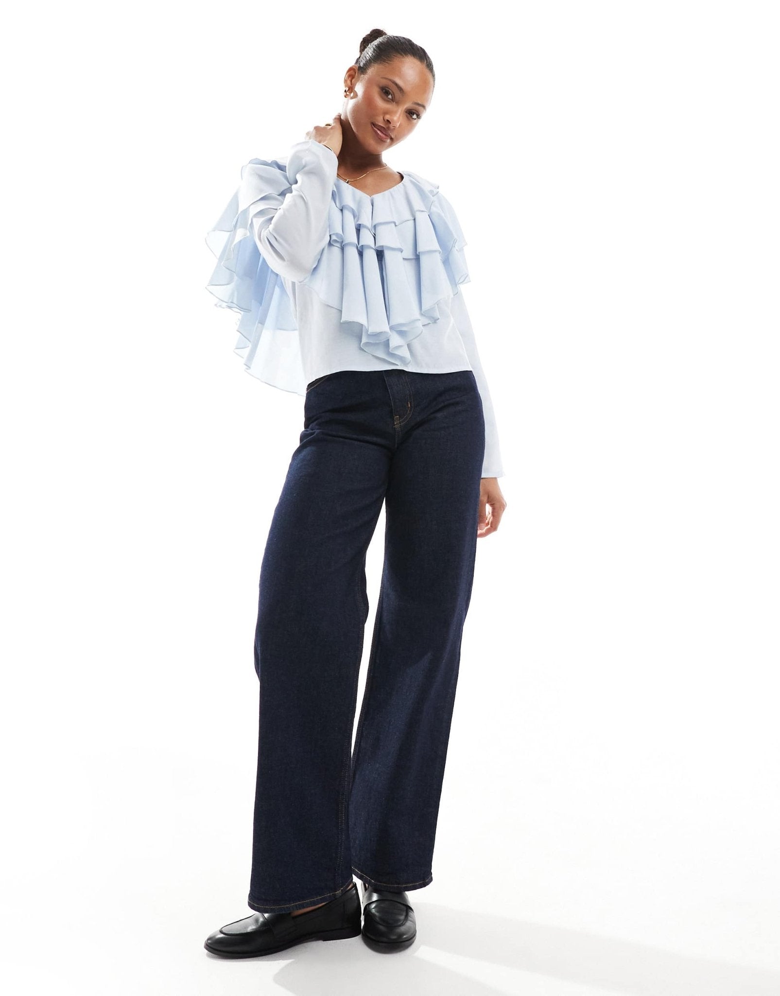 ASOS DESIGN v neck extreme ruffle blouse in blue - ASOS Sample Sale