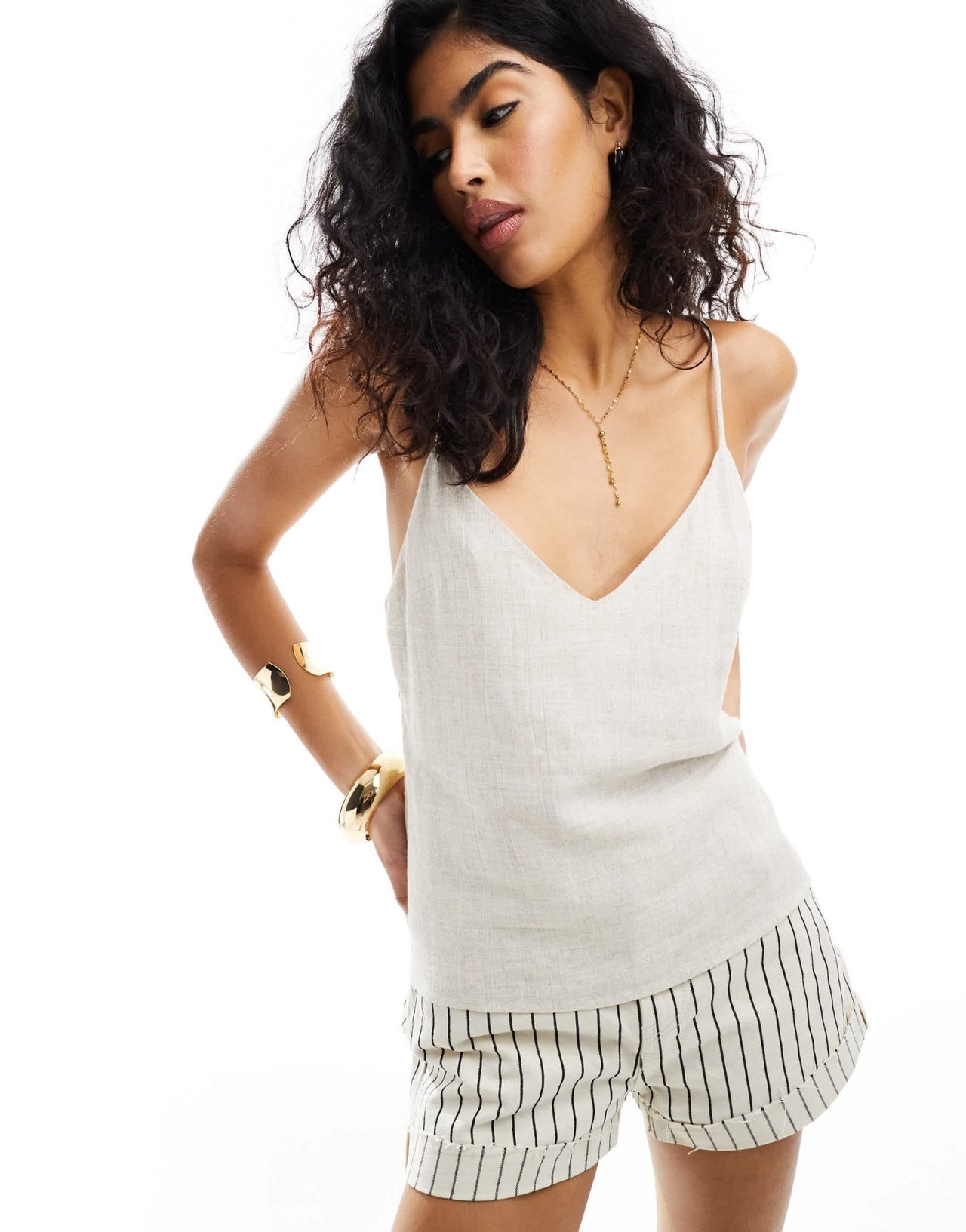 ASOS DESIGN v neck linen cami in stone - ASOS Sample Sale