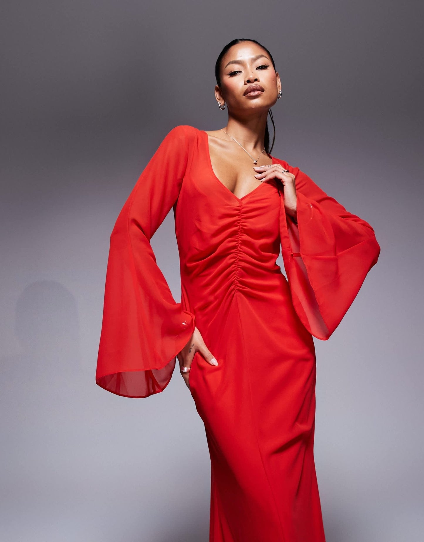 ASOS DESIGN v neck ruched front maxi dress in red - ASOS Sample Sale