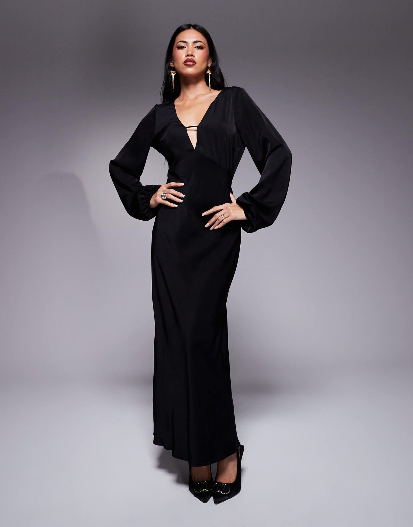 ASOS DESIGN v neck satin blouson sleeve midaxi dress in black - ASOS Sample Sale
