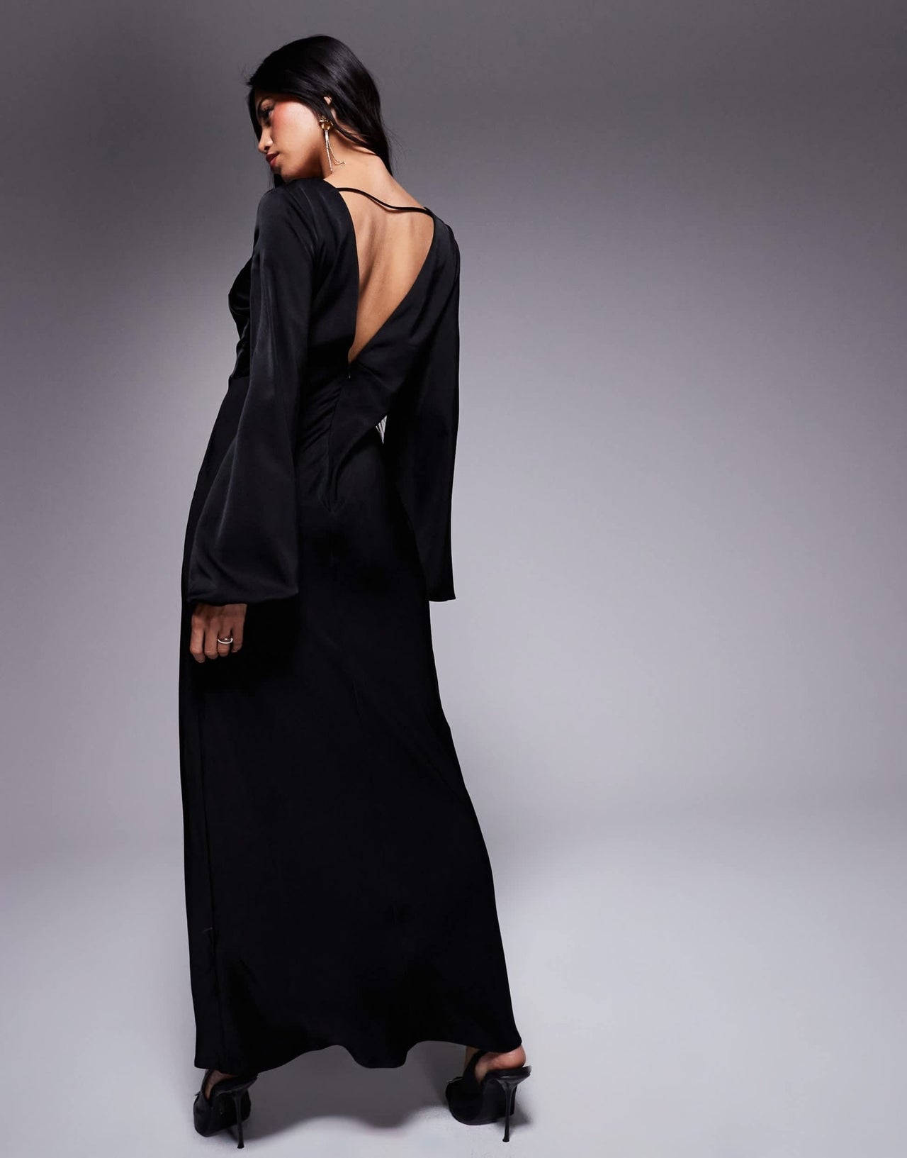 ASOS DESIGN v neck satin blouson sleeve midaxi dress in black - ASOS Sample Sale