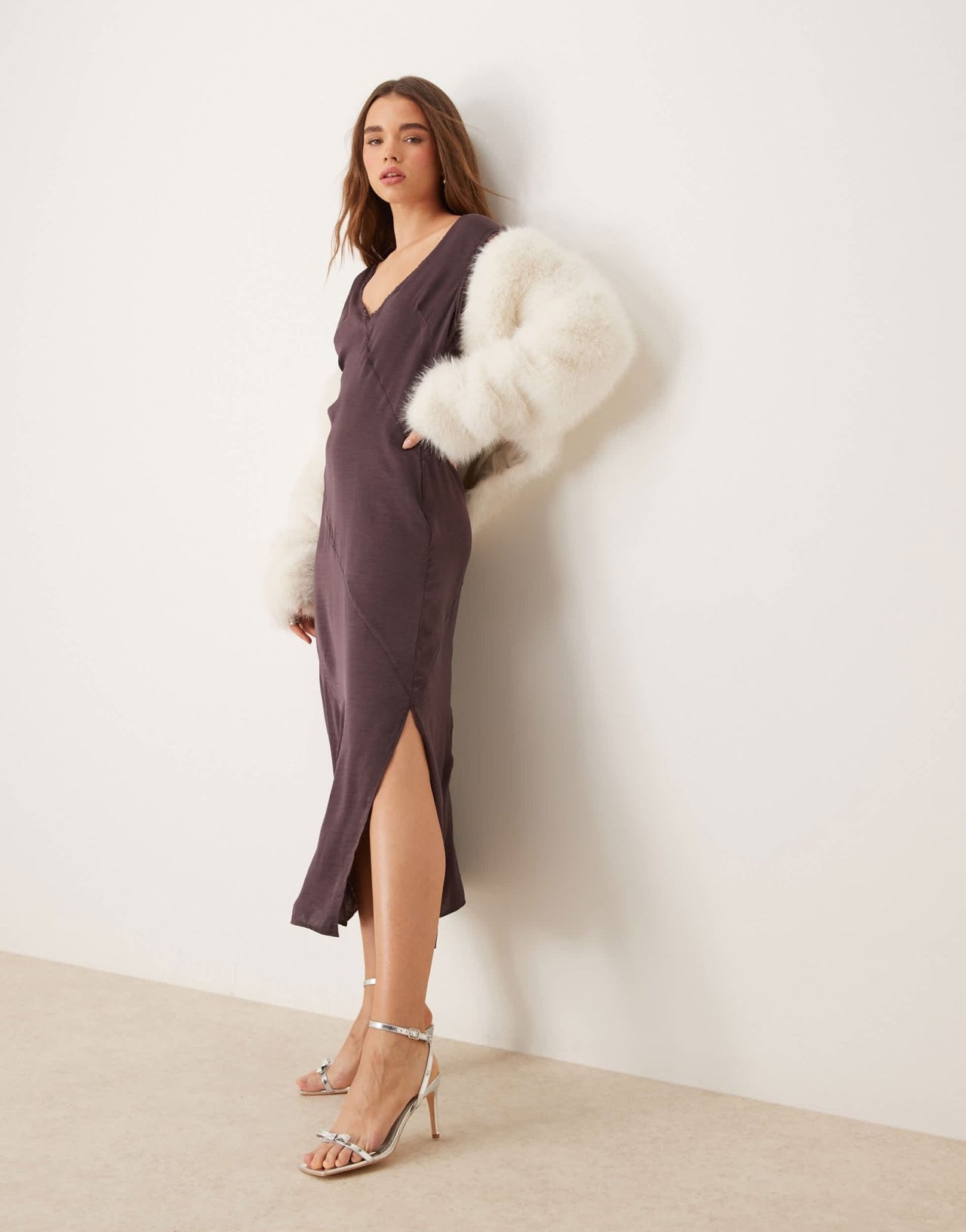 ASOS DESIGN v neck satin midi dress with raw seaming in mauve - ASOS Sample Sale