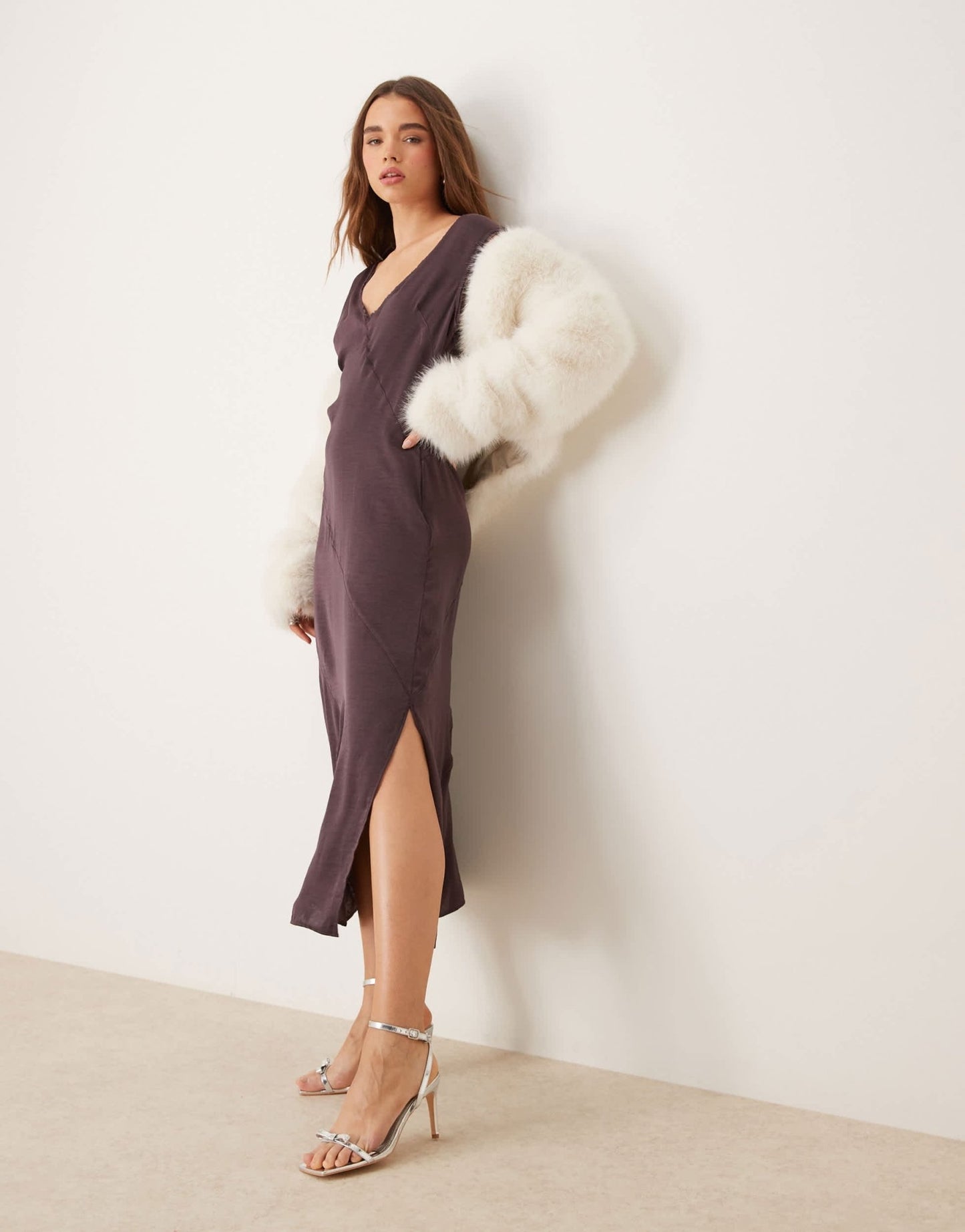 ASOS DESIGN v neck satin midi dress with raw seaming in mauve - ASOS Sample Sale