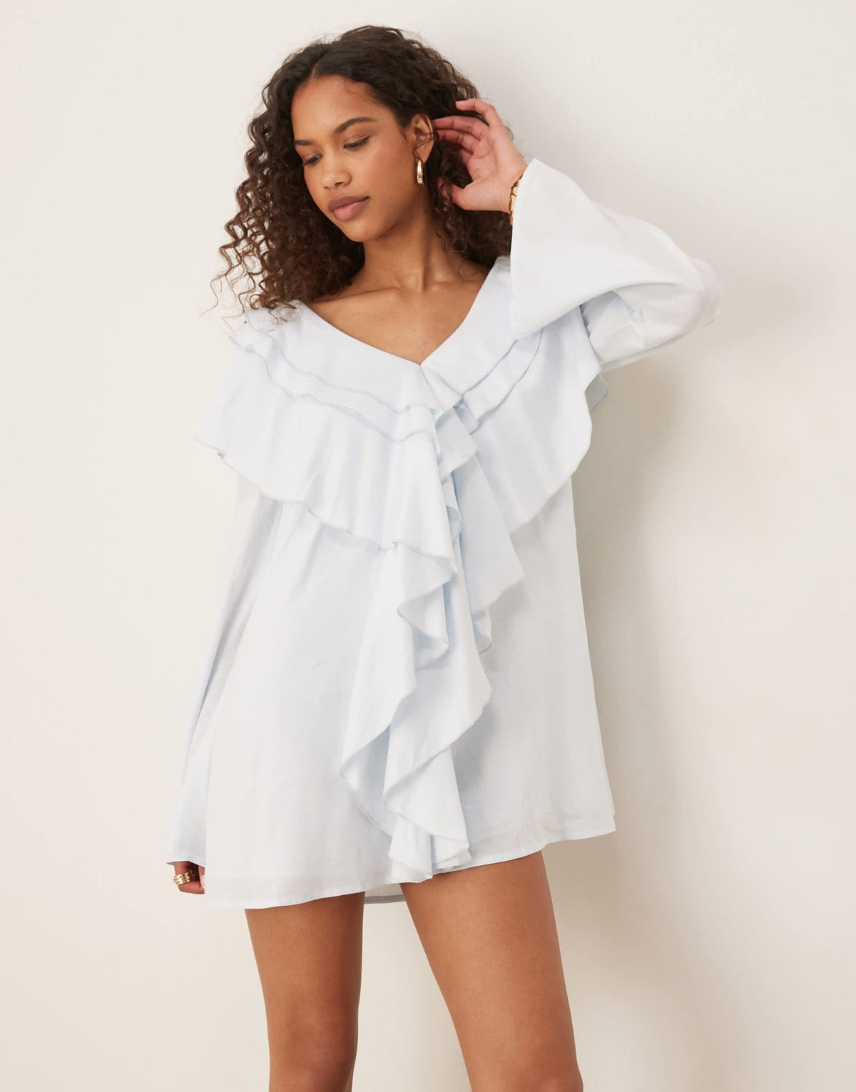 ASOS DESIGN v neck smock mini dress with ruffles in blue - ASOS Sample Sale