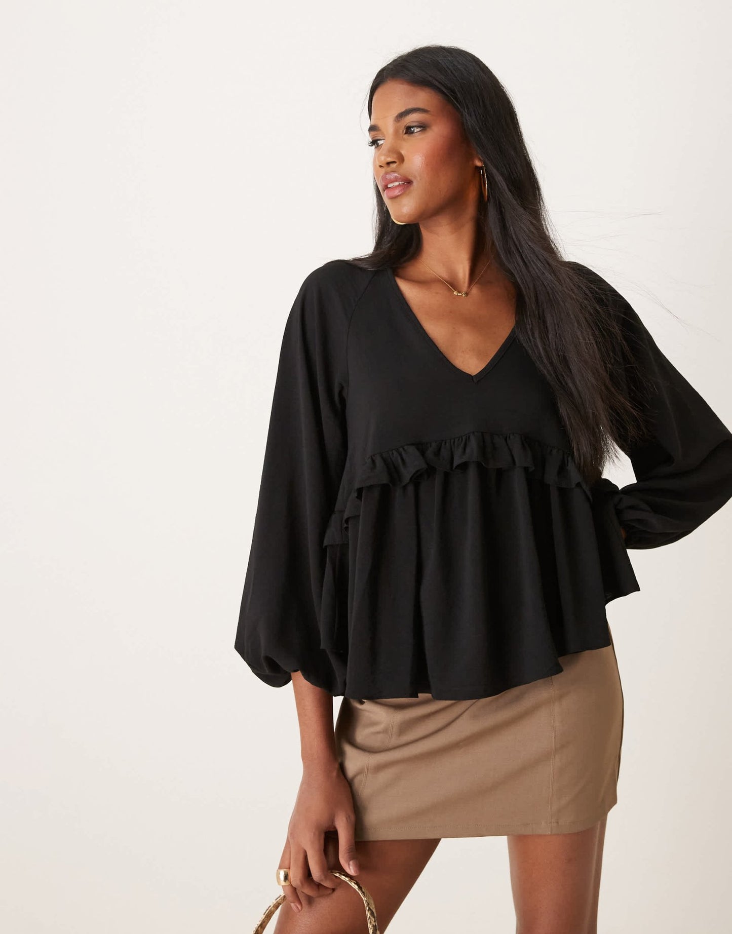 ASOS DESIGN V neck smock top with ruffle in black - ASOS Sample Sale