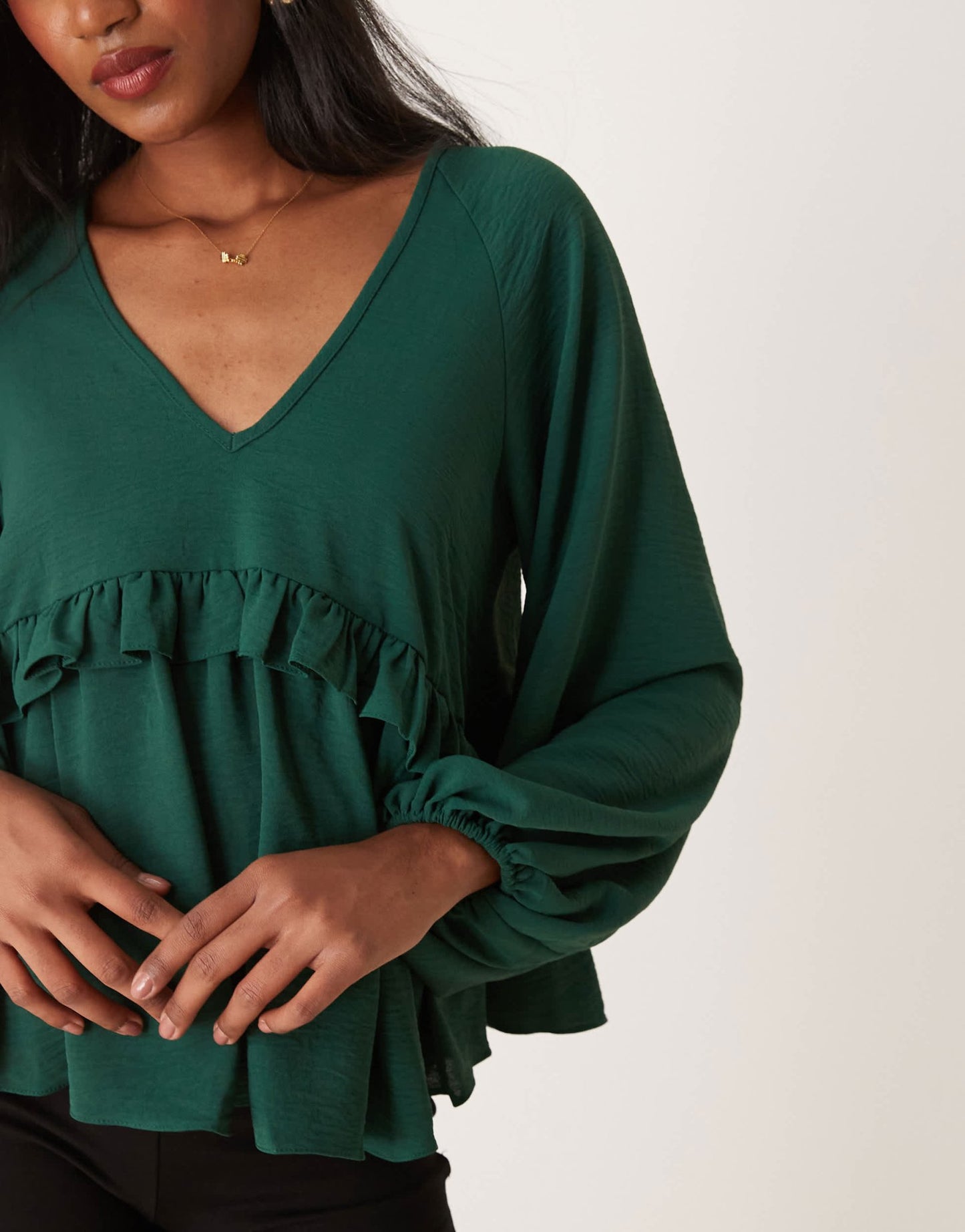 ASOS DESIGN V neck smock top with ruffle in green - ASOS Sample Sale