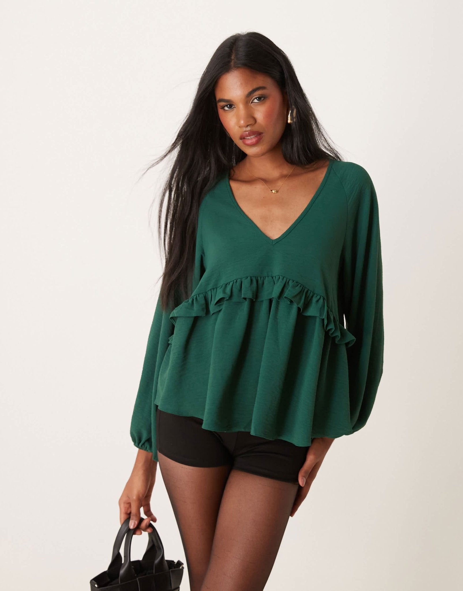 ASOS DESIGN V neck smock top with ruffle in green - ASOS Sample Sale