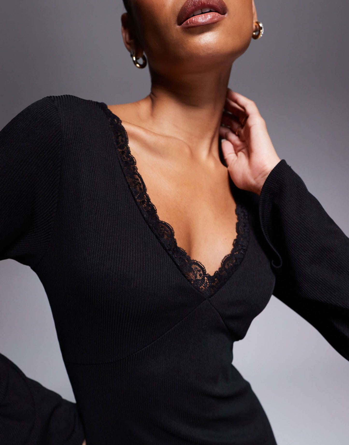 ASOS DESIGN v - neck soft flare ribbed maxi dress in black - ASOS Sample Sale