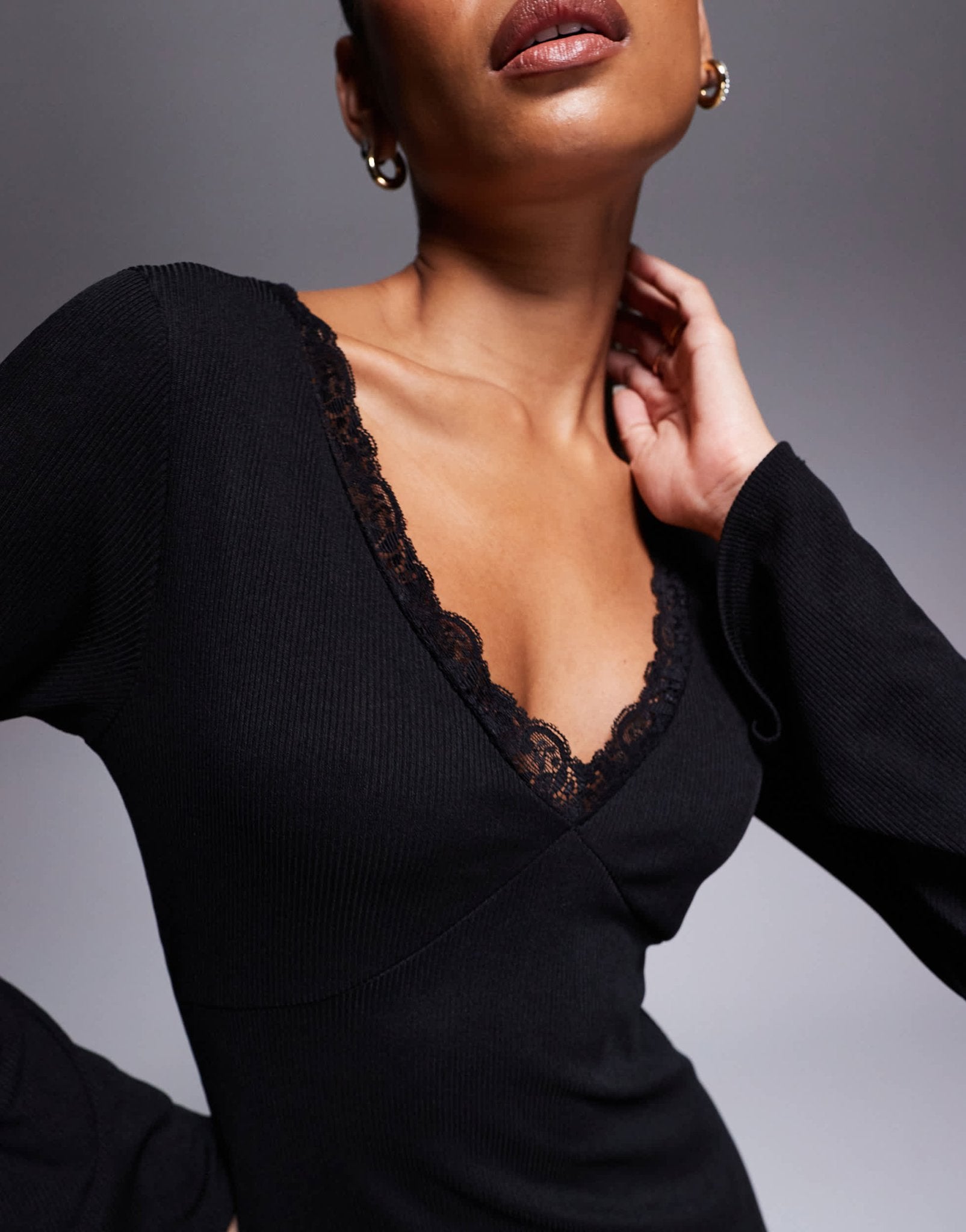 ASOS DESIGN v - neck soft flare ribbed maxi dress in black - ASOS Sample Sale