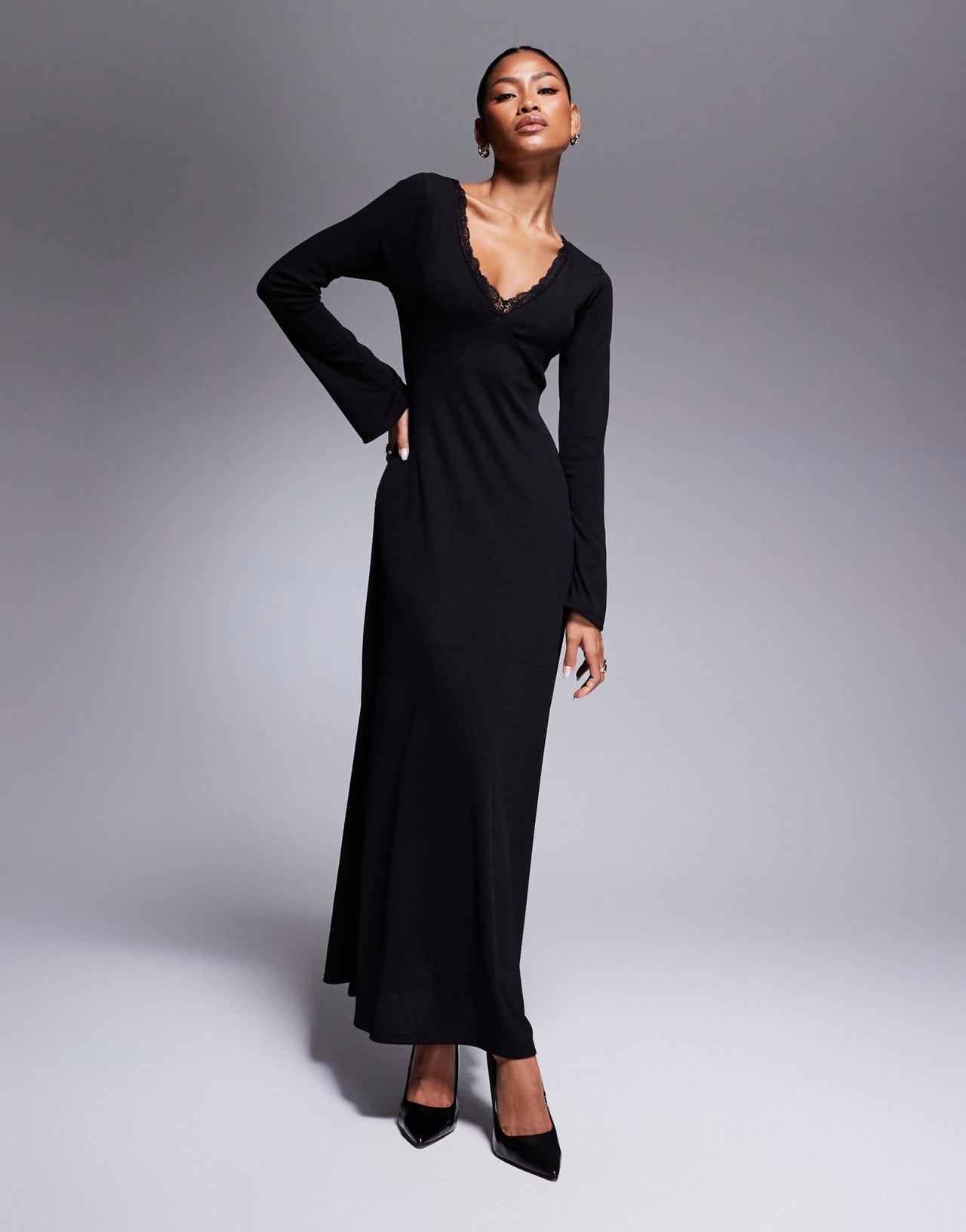 ASOS DESIGN v-neck soft flare ribbed maxi dress in black ASOS Sample Sale ASOS DESIGN v-neck soft flare ribbed maxi dress in black ASOS Sample Sale