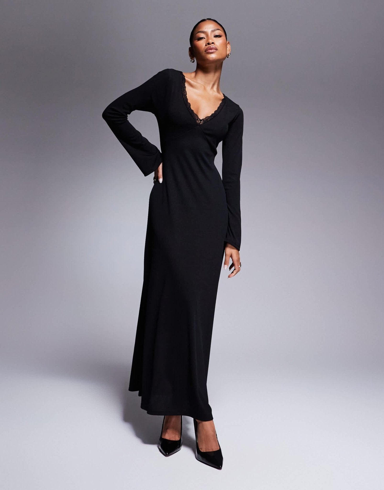 ASOS DESIGN v - neck soft flare ribbed maxi dress in black - ASOS Sample Sale