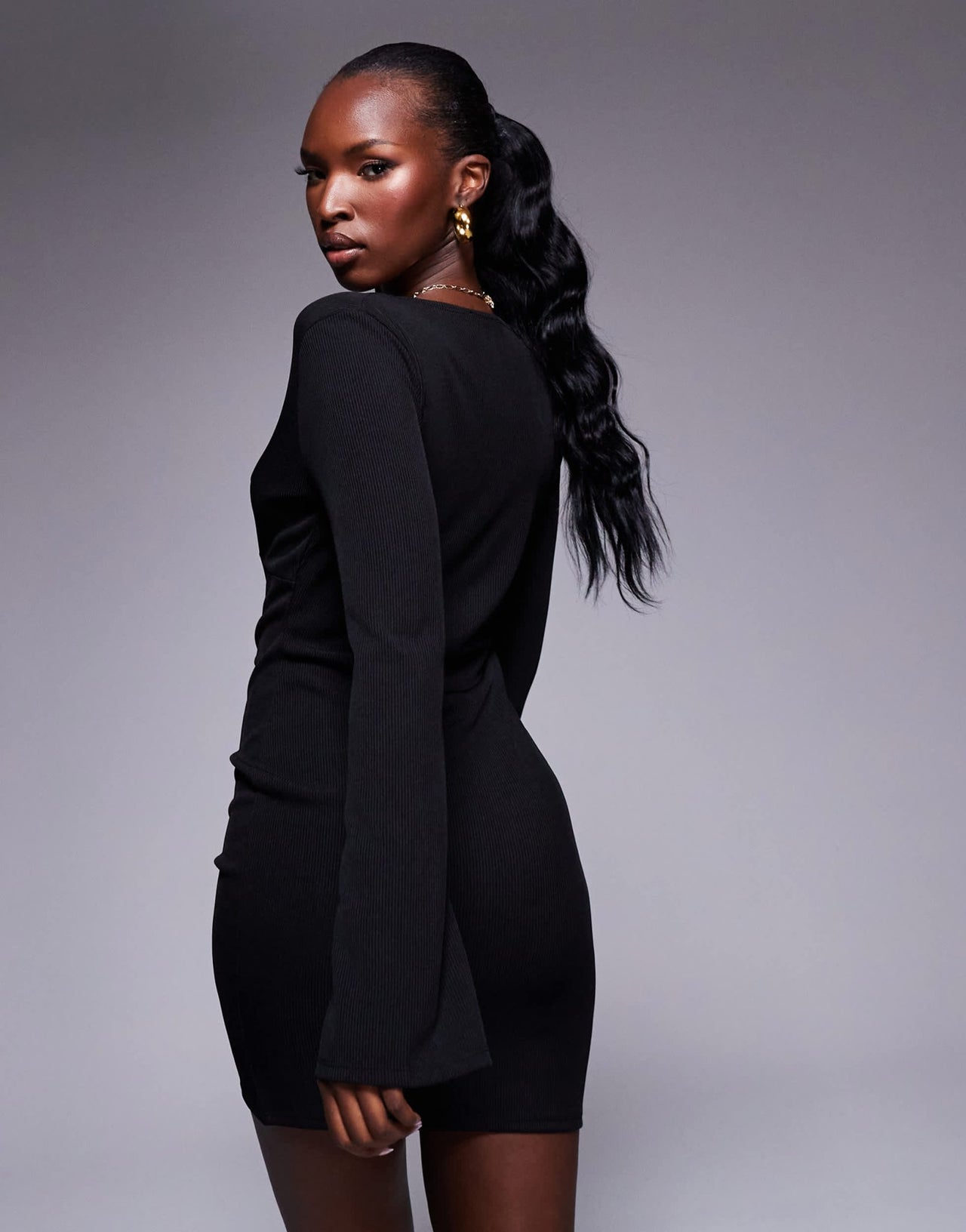 ASOS DESIGN V - neck soft flare ribbed mini dress in black - ASOS Sample Sale