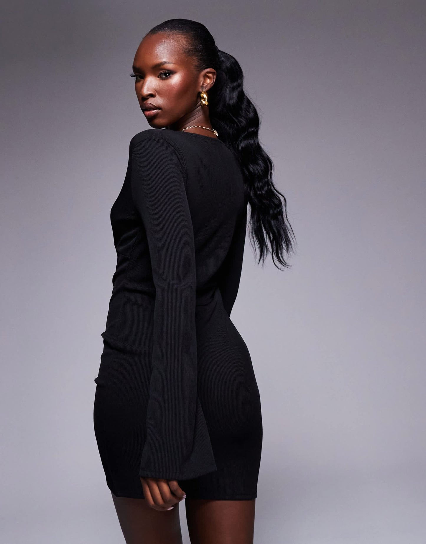 ASOS DESIGN V - neck soft flare ribbed mini dress in black - ASOS Sample Sale