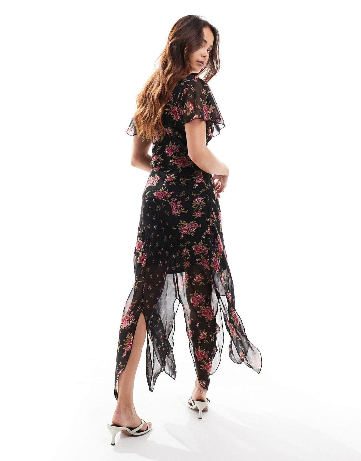ASOS DESIGN V neck tendril midi dress in black floral print - ASOS Sample Sale