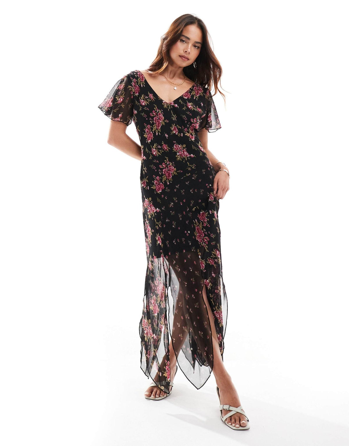 ASOS DESIGN V neck tendril midi dress in black floral print - ASOS Sample Sale