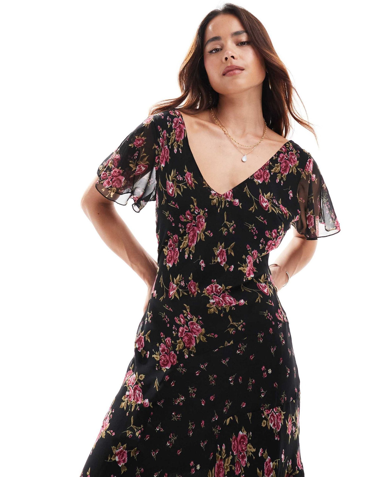 ASOS DESIGN V neck tendril midi dress in black floral print - ASOS Sample Sale