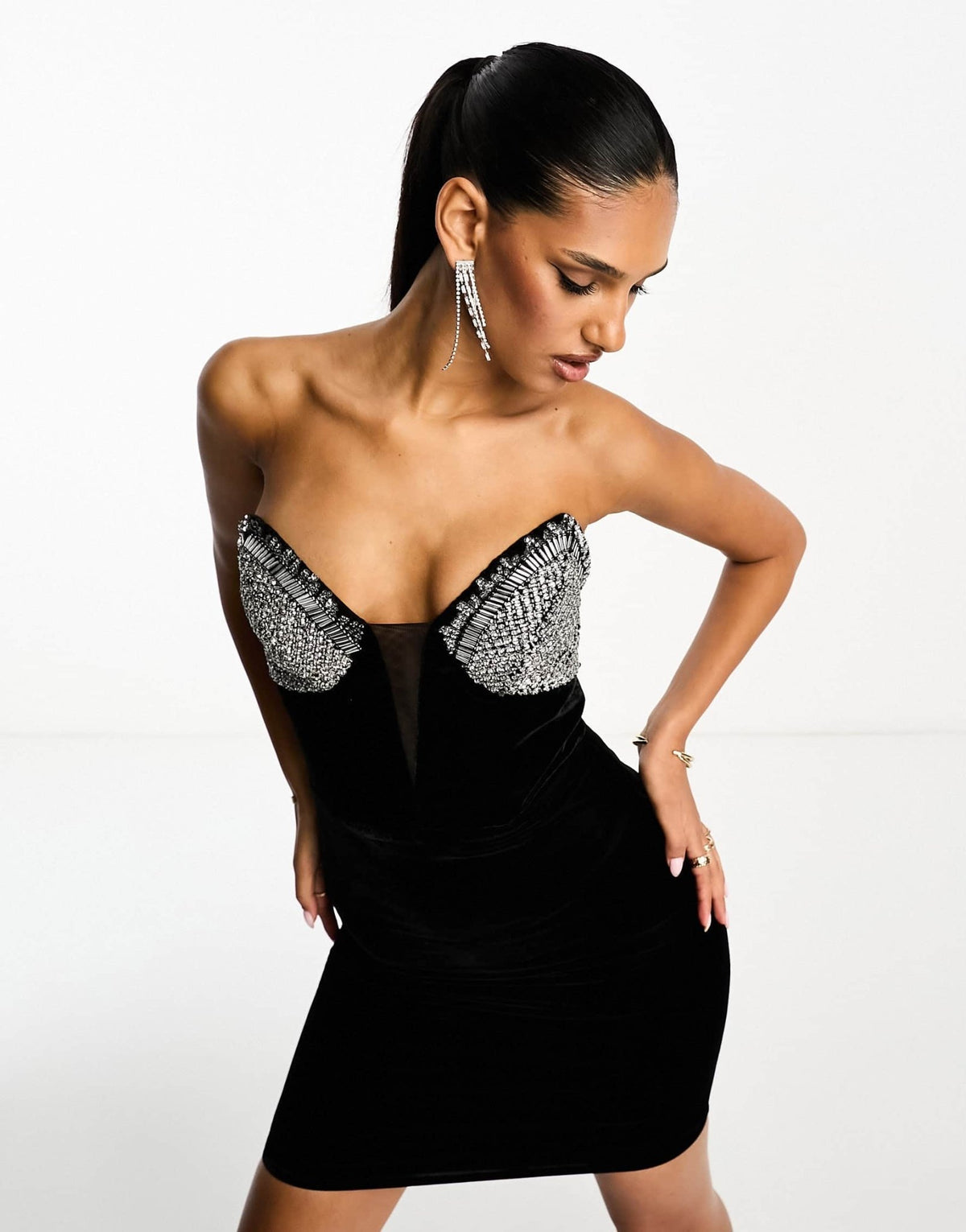 ASOS DESIGN velvet bandeau with embellished cup mini dress in black - ASOS Sample Sale