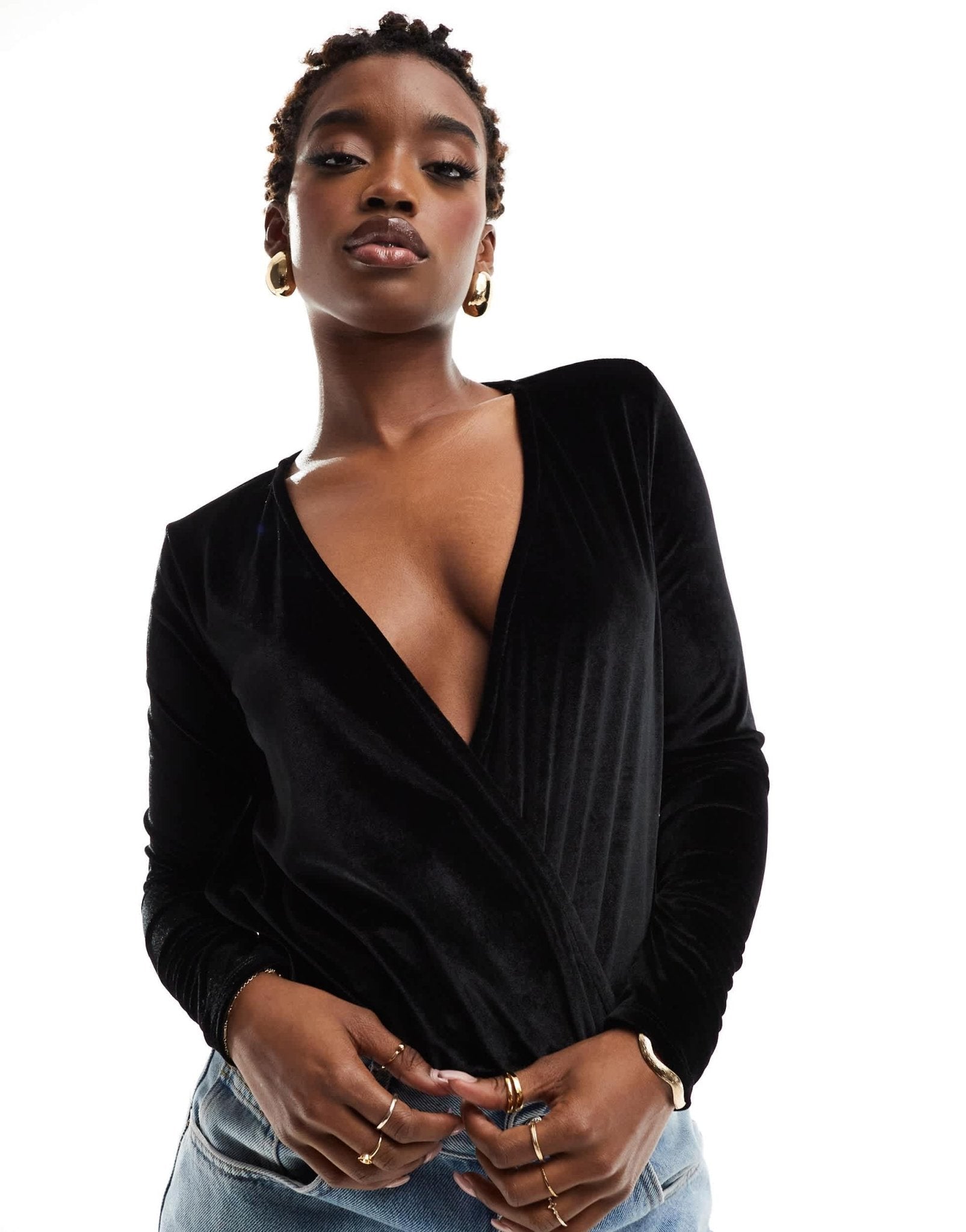 ASOS DESIGN velvet blouson sleeve v - neck bodysuit in black - ASOS Sample Sale