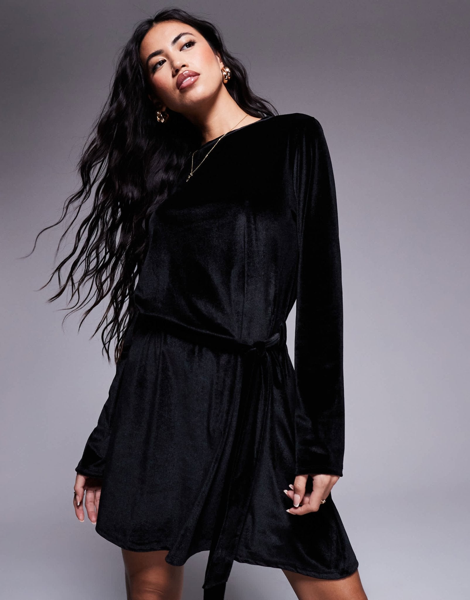ASOS DESIGN velvet cord tie waist mini dress in black - ASOS Sample Sale