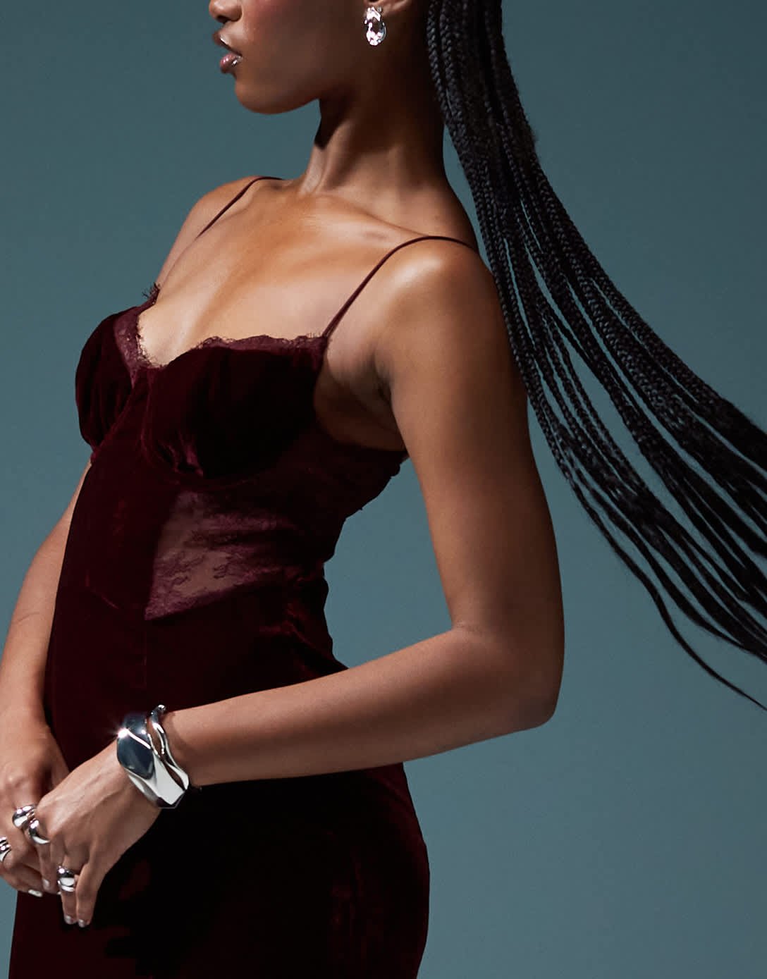 ASOS DESIGN velvet corset midi dress with lace insert in burgundy - ASOS Sample Sale