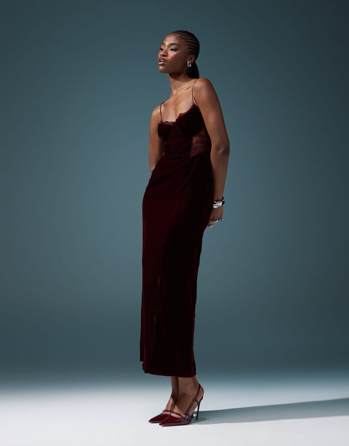 ASOS DESIGN velvet corset midi dress with lace insert in burgundy - ASOS Sample Sale