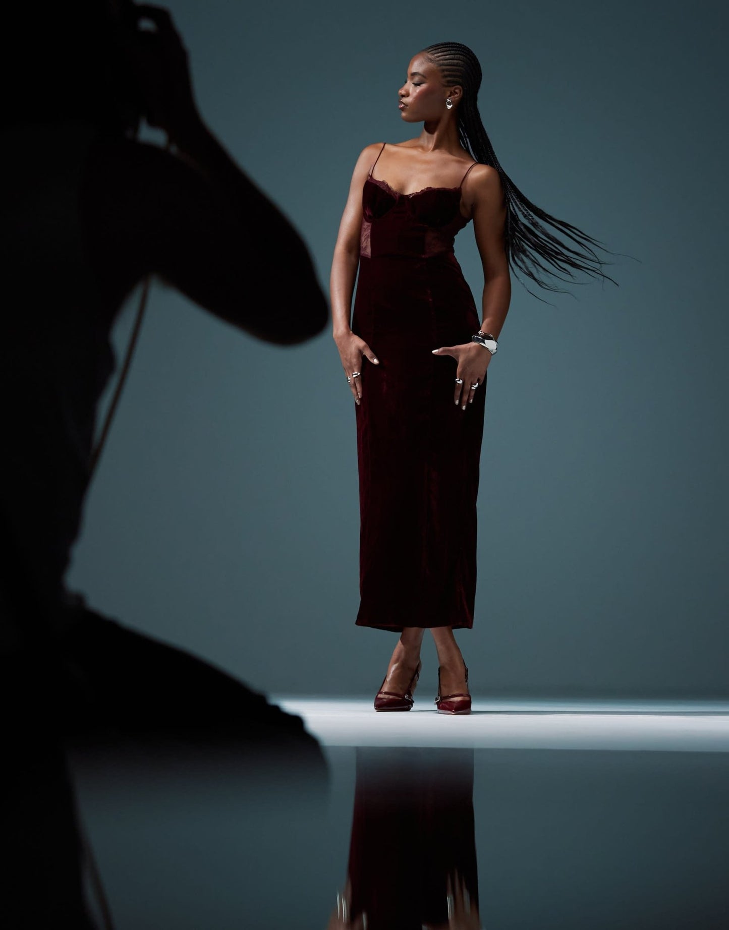 ASOS DESIGN velvet corset midi dress with lace insert in burgundy - ASOS Sample Sale