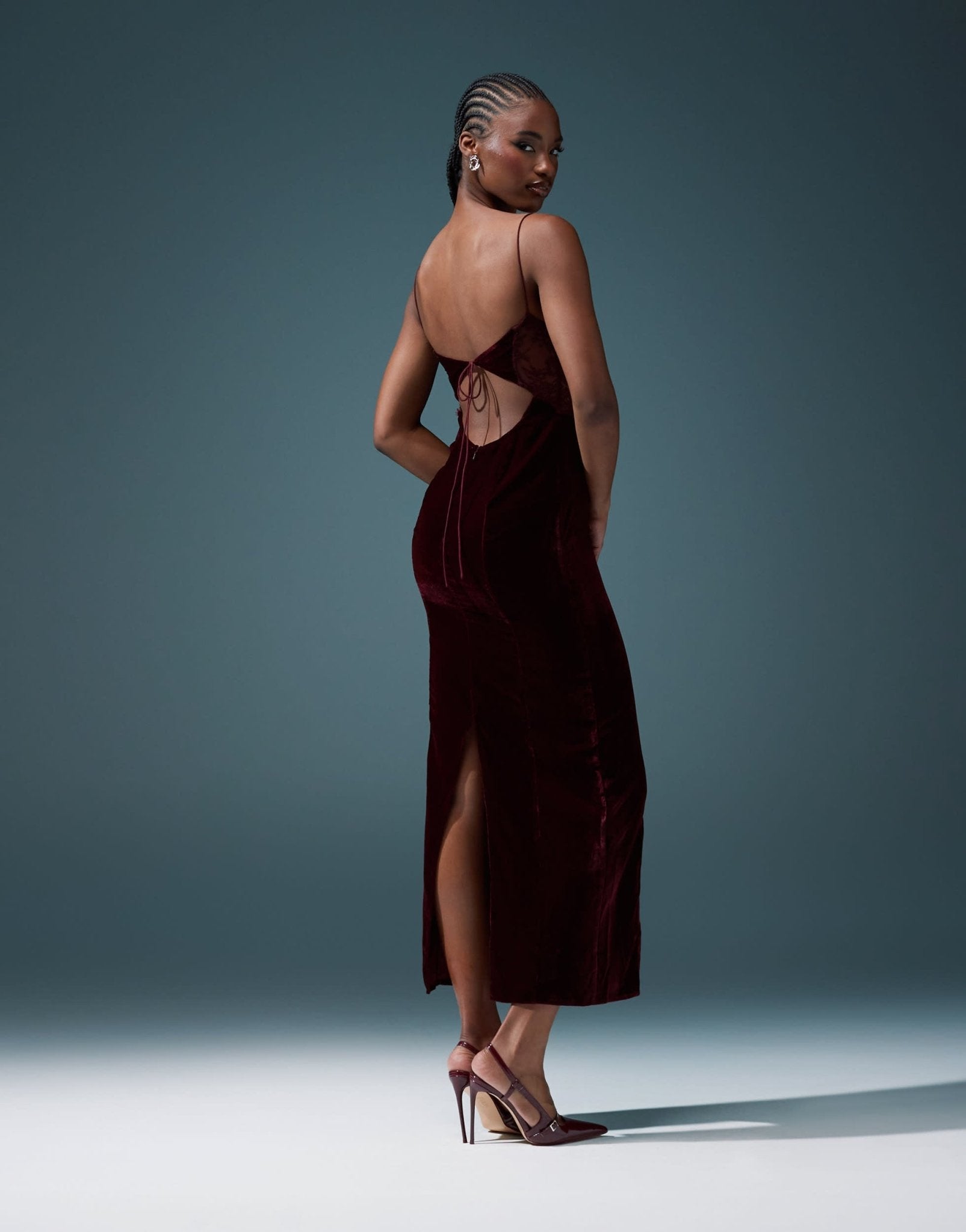 ASOS DESIGN velvet corset midi dress with lace insert in burgundy ASOS Sample Sale ASOS DESIGN velvet corset midi dress with lace insert in burgundy ASOS Sample Sale