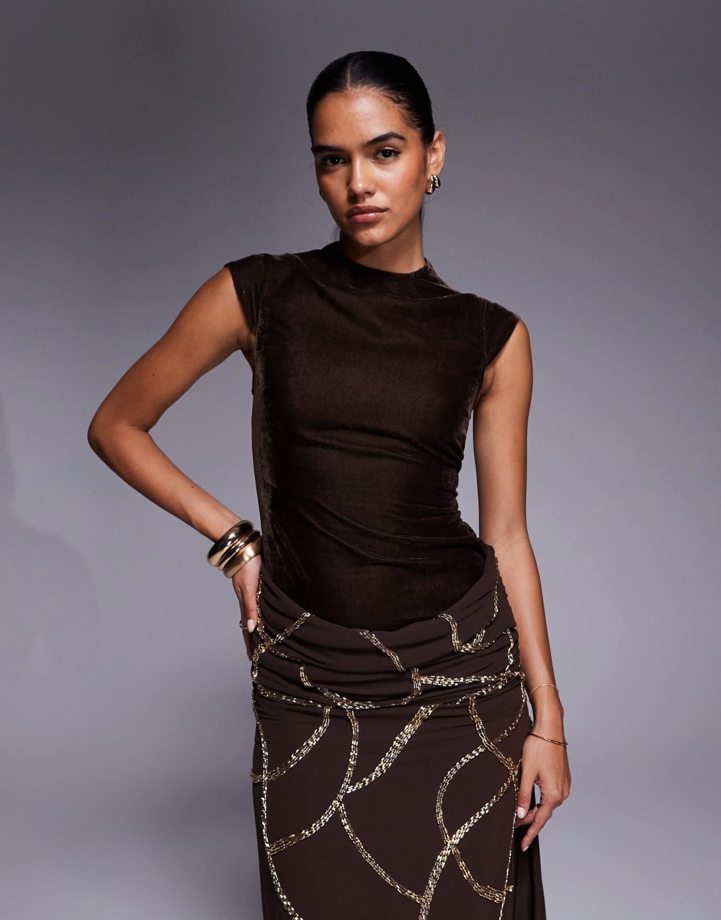 ASOS DESIGN velvet fitted bodice dress with draped embellished skirt overlay in chocolate - ASOS Sample Sale