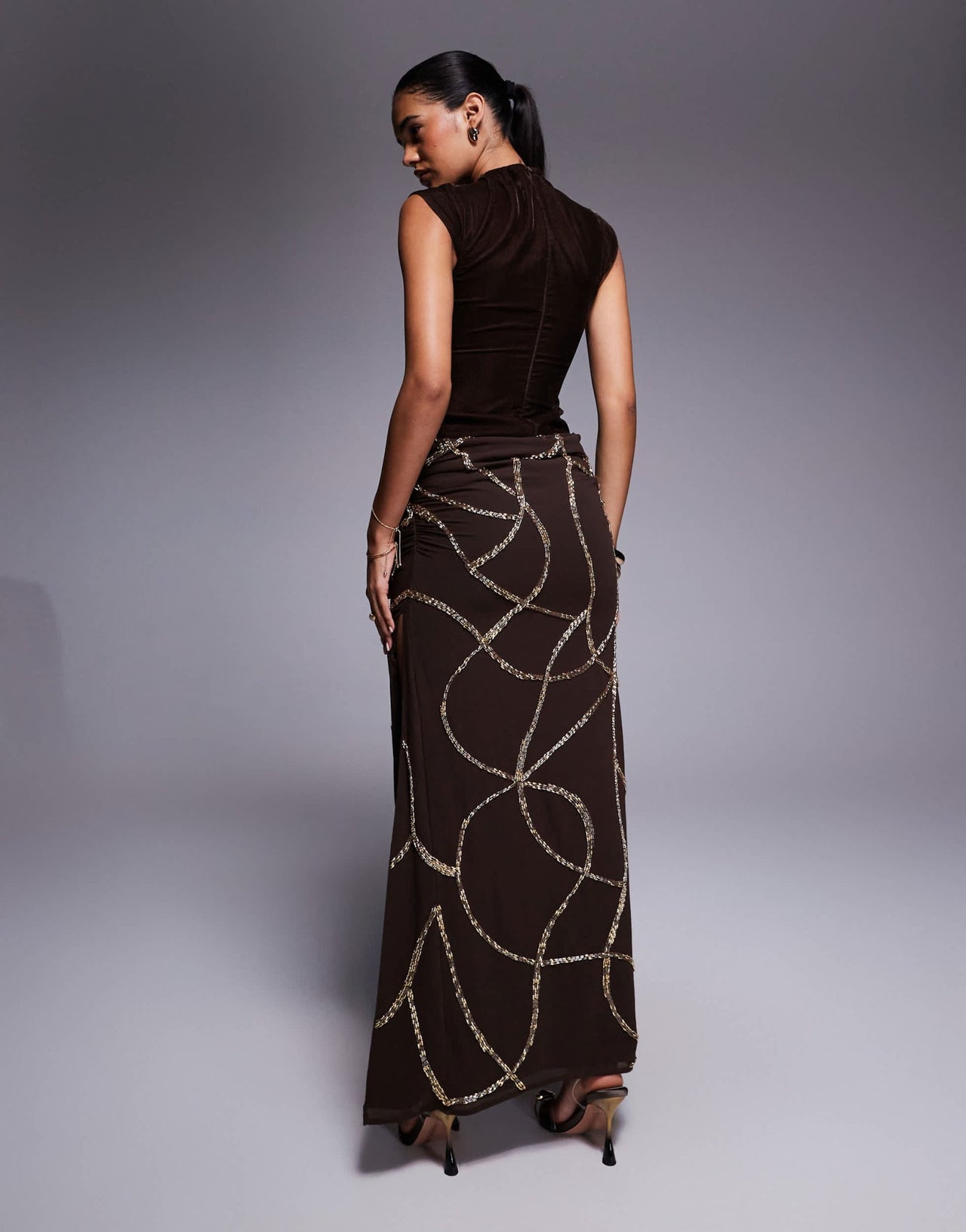 ASOS DESIGN velvet fitted bodice dress with draped embellished skirt overlay in chocolate - ASOS Sample Sale