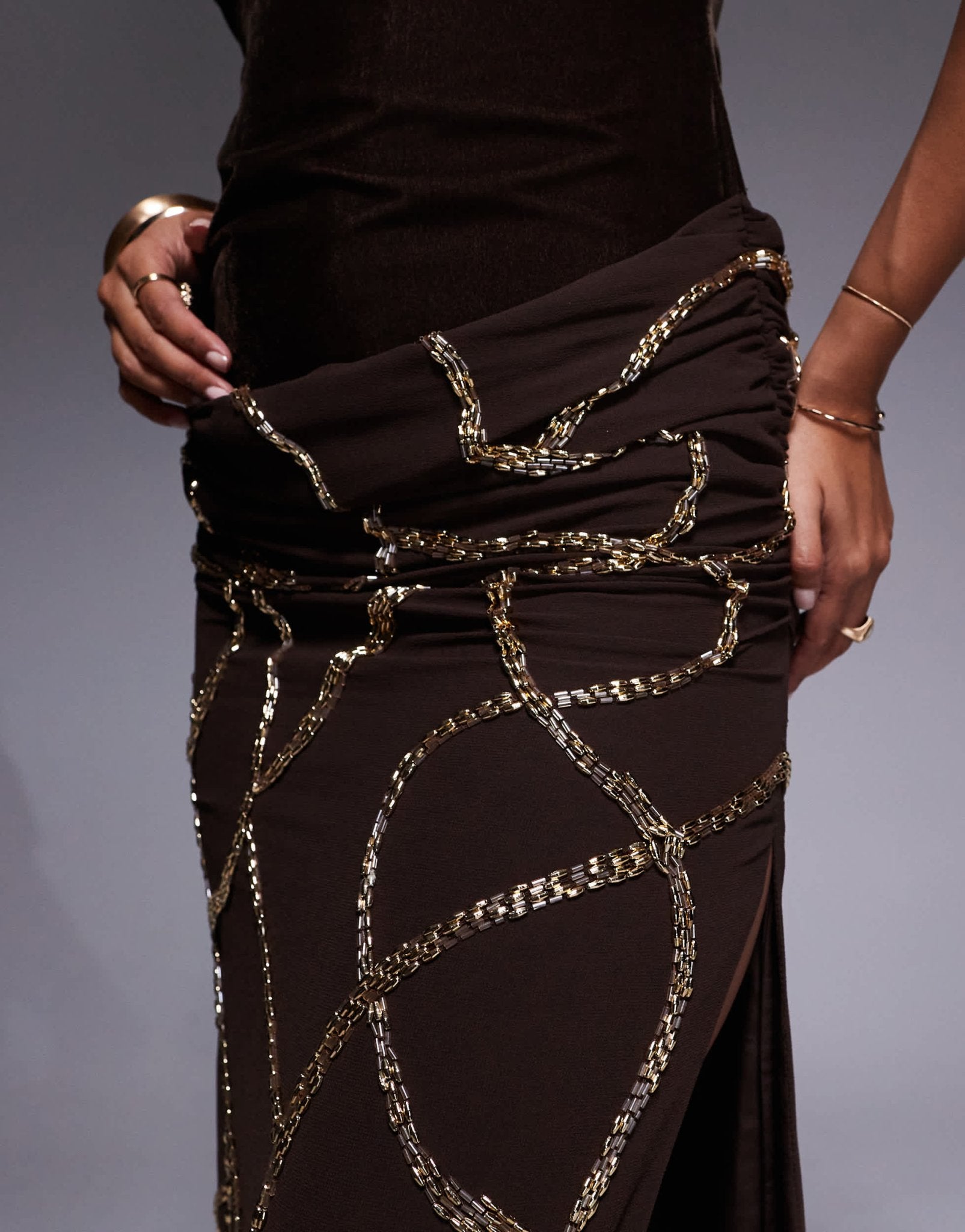 ASOS DESIGN velvet fitted bodice dress with draped embellished skirt overlay in chocolate - ASOS Sample Sale