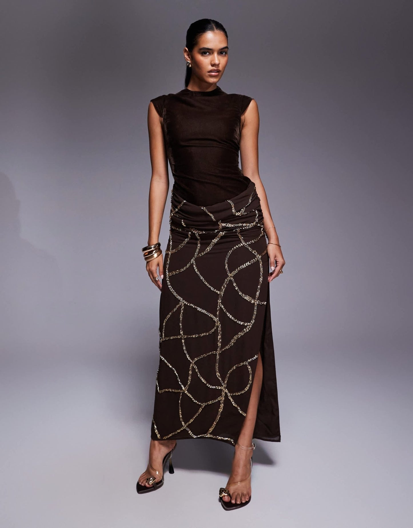 ASOS DESIGN velvet fitted bodice dress with draped embellished skirt overlay in chocolate - ASOS Sample Sale