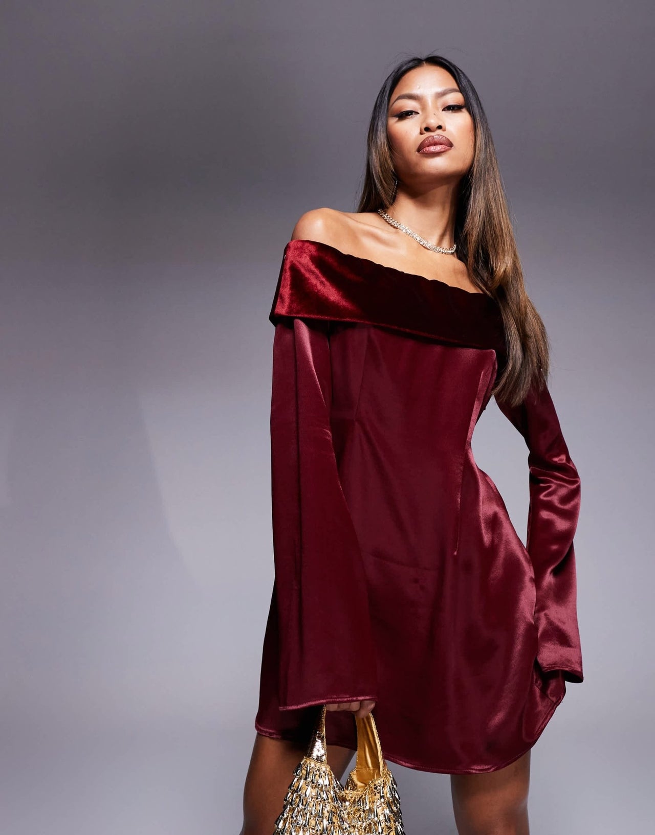 ASOS DESIGN velvet fold over mini dress with angel sleeve in burgundy - ASOS Sample Sale