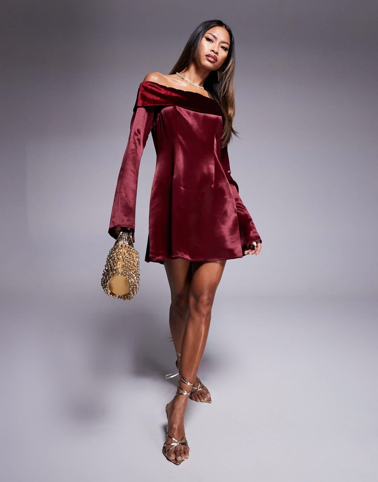 ASOS DESIGN velvet fold over mini dress with angel sleeve in burgundy - ASOS Sample Sale