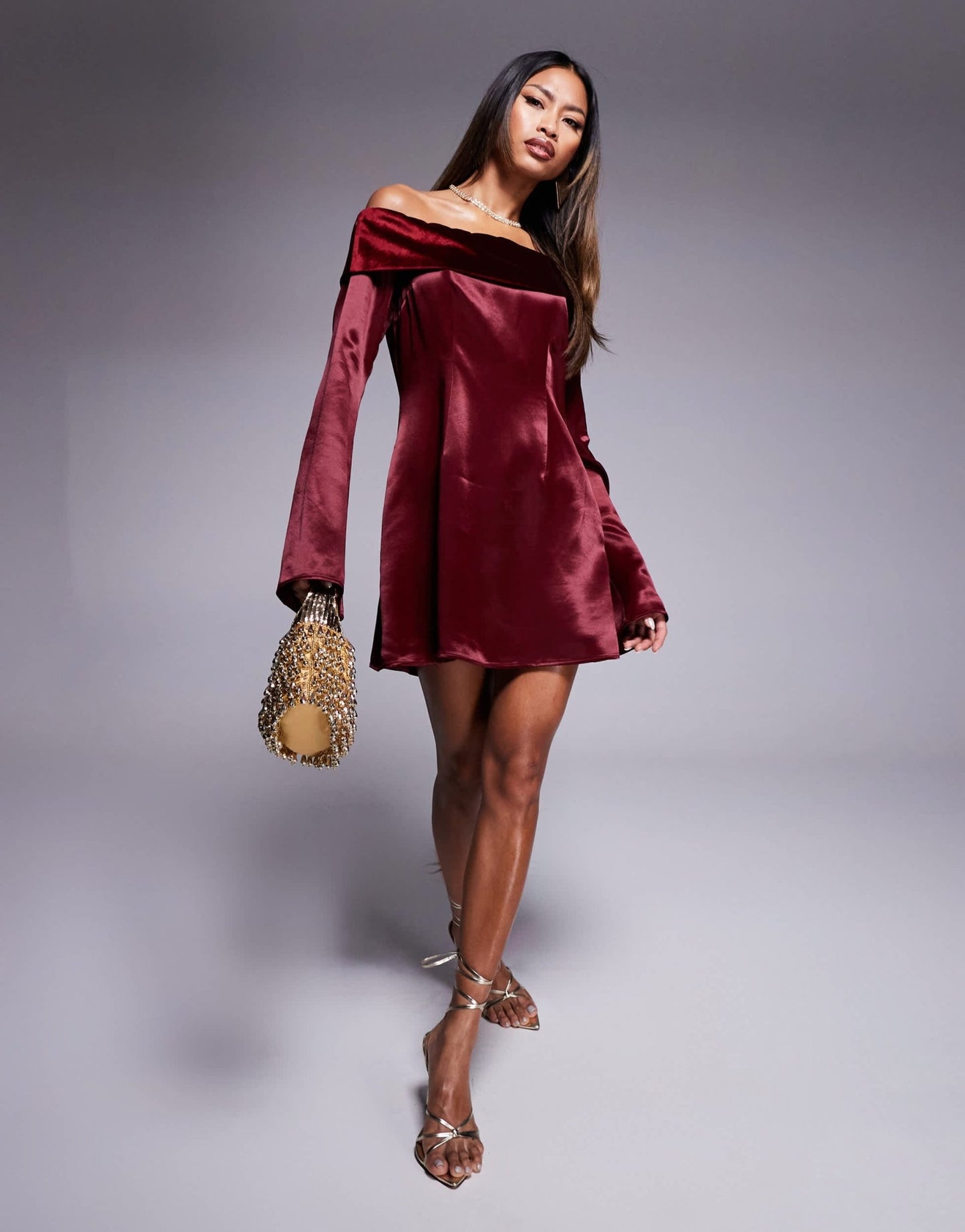 ASOS DESIGN velvet fold over mini dress with angel sleeve in burgundy - ASOS Sample Sale