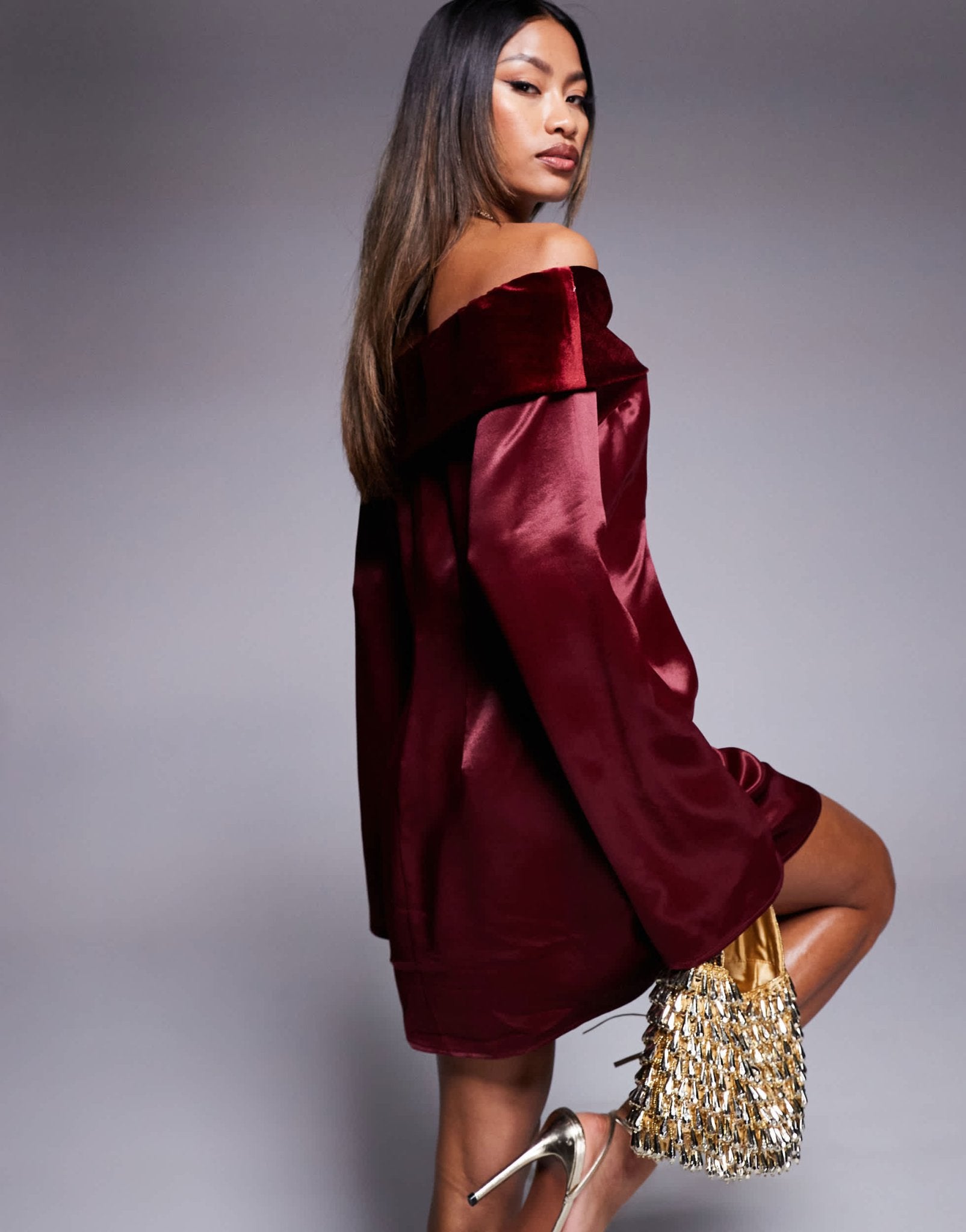 ASOS DESIGN velvet fold over mini dress with angel sleeve in burgundy - ASOS Sample Sale