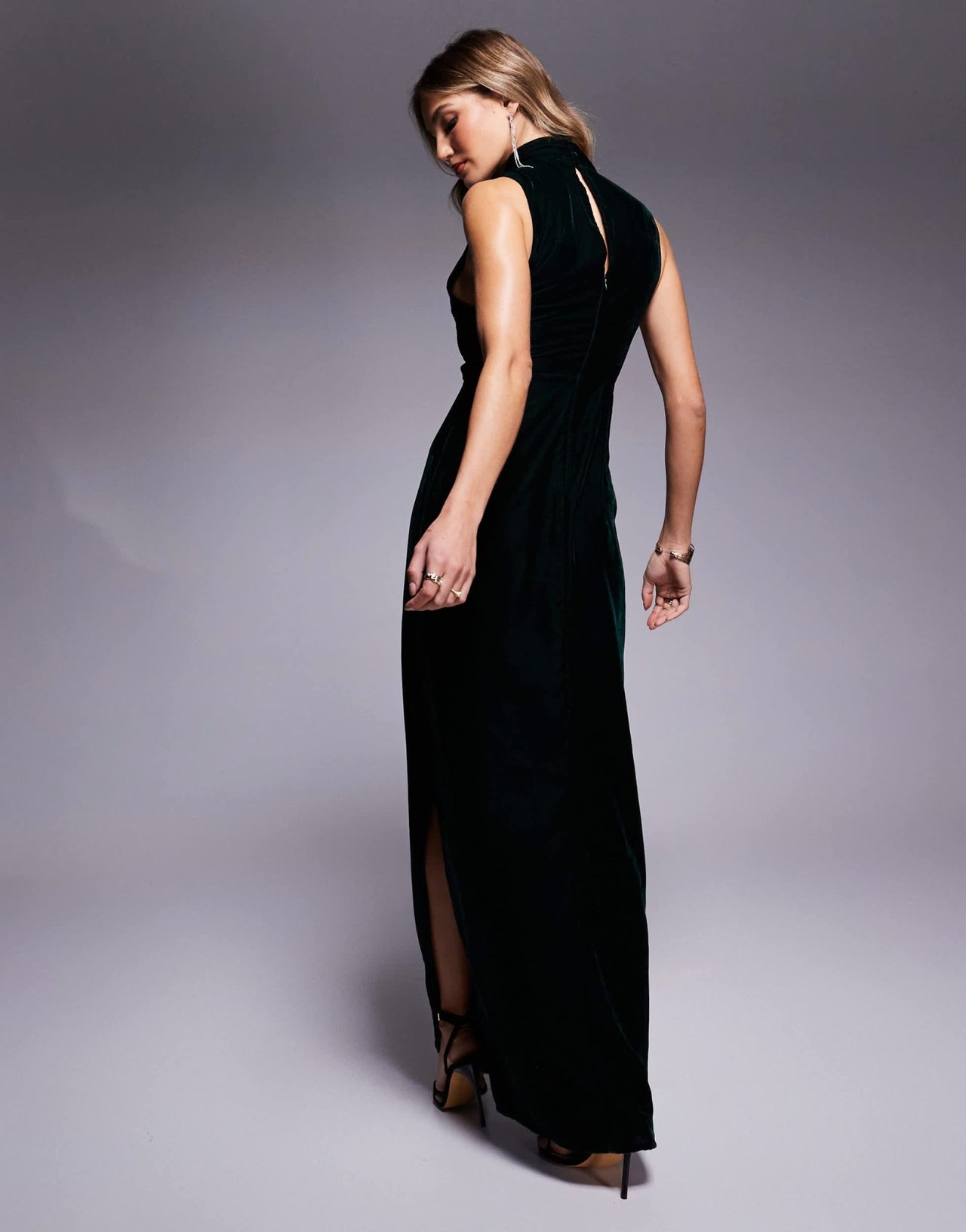 ASOS DESIGN velvet funnel neck maxi dress with cut out in dark green - ASOS Sample Sale