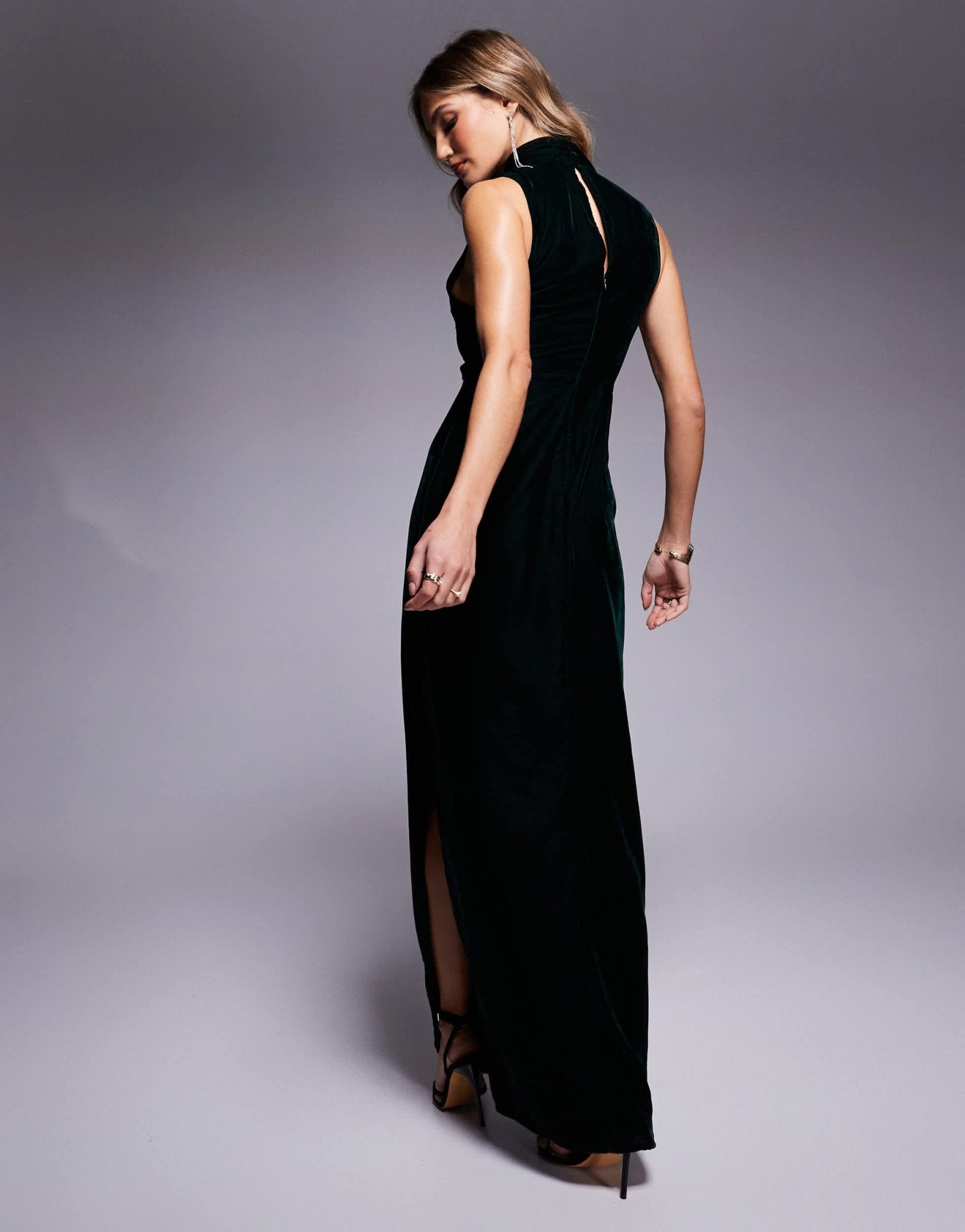 ASOS DESIGN velvet funnel neck maxi dress with cut out in dark green - ASOS Sample Sale