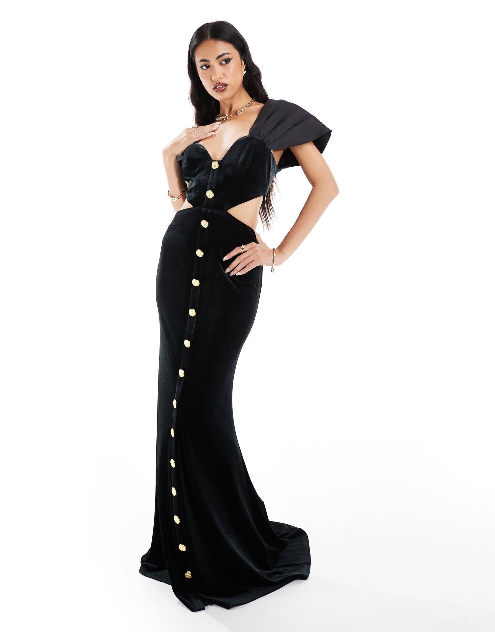 ASOS DESIGN velvet gold button detail maxi dress with contrast satin sleeves in black - ASOS Sample Sale
