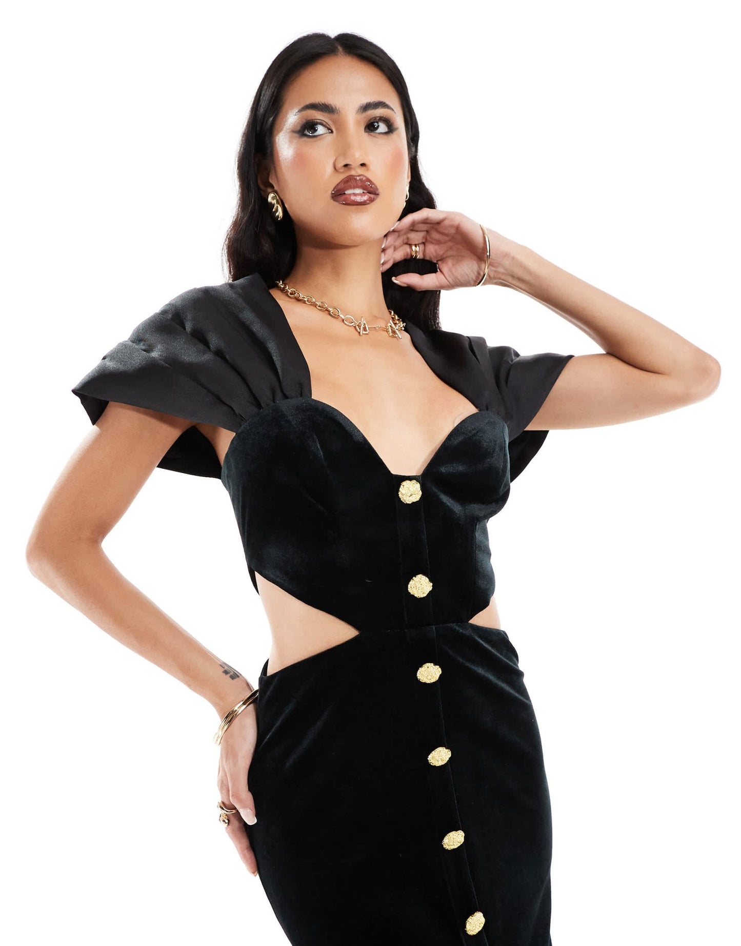 ASOS DESIGN velvet gold button detail maxi dress with contrast satin sleeves in black - ASOS Sample Sale