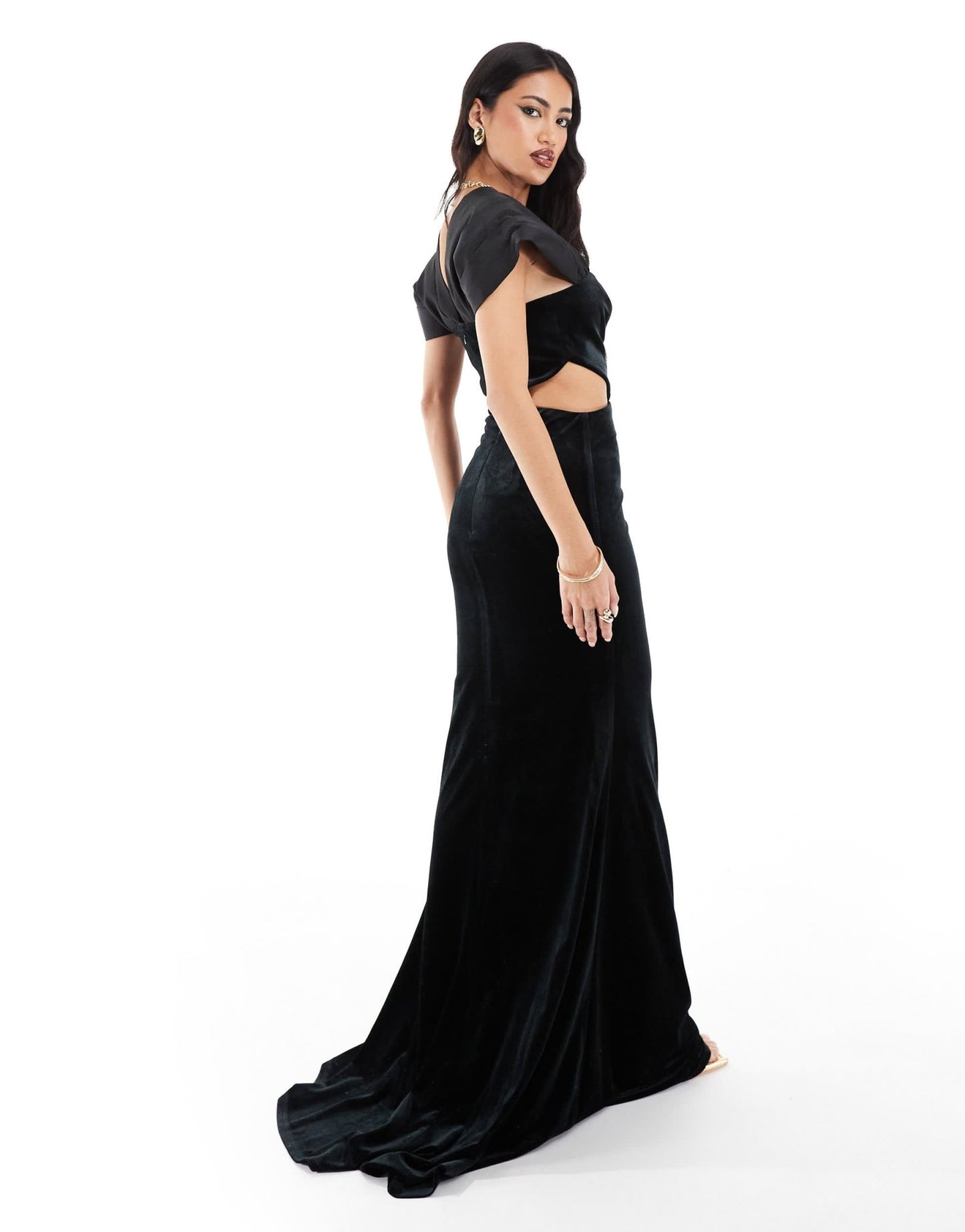 ASOS DESIGN velvet gold button detail maxi dress with contrast satin sleeves in black - ASOS Sample Sale