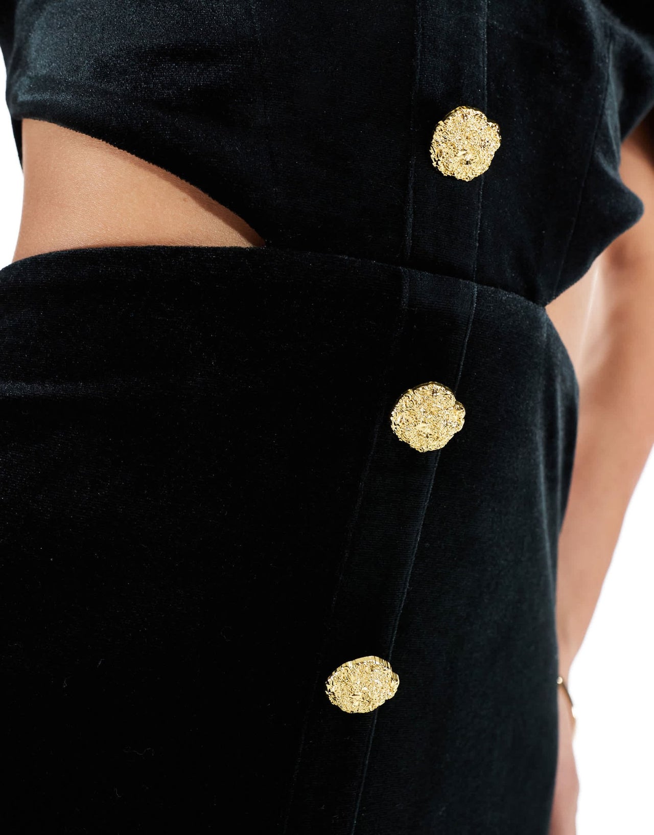 ASOS DESIGN velvet gold button detail maxi dress with contrast satin sleeves in black - ASOS Sample Sale