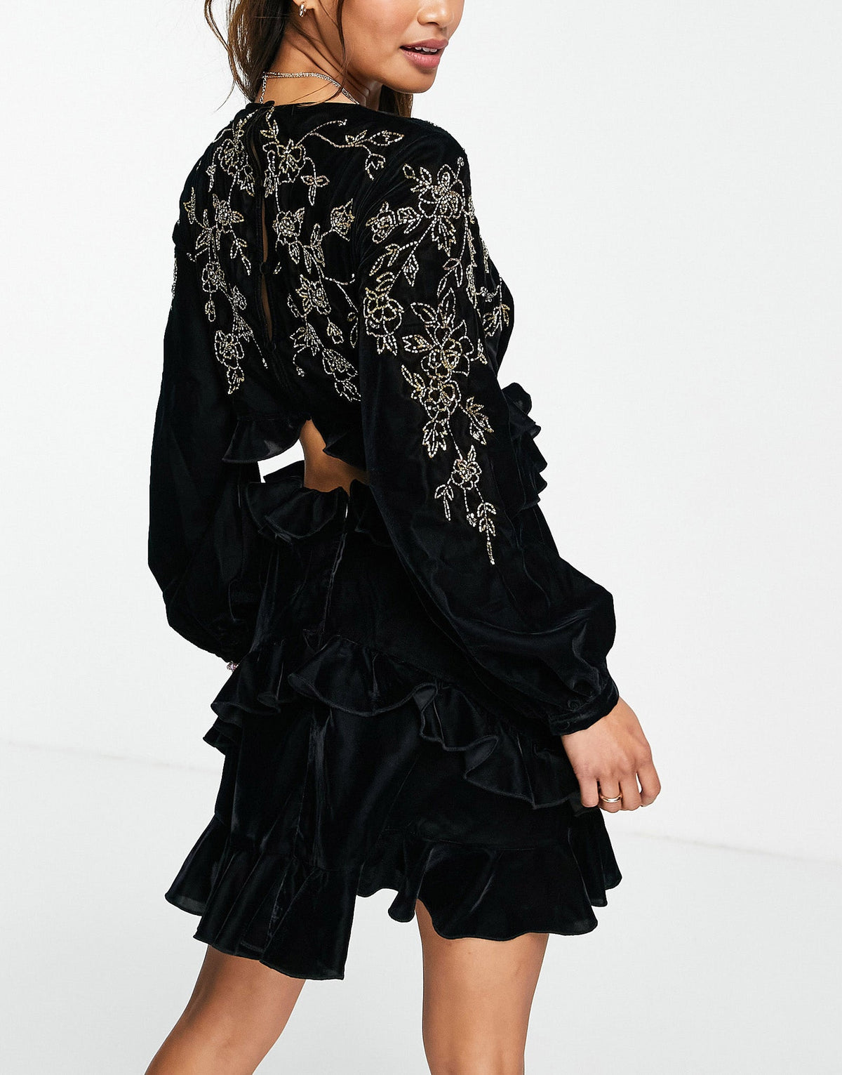 ASOS DESIGN velvet ruffle mini dress with stencil floral embellishment and open back - ASOS Sample Sale