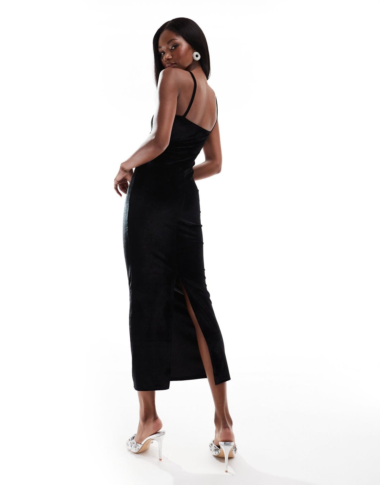 ASOS DESIGN velvet strappy cami pencil midi dress with diamante trim detail in black - ASOS Sample Sale