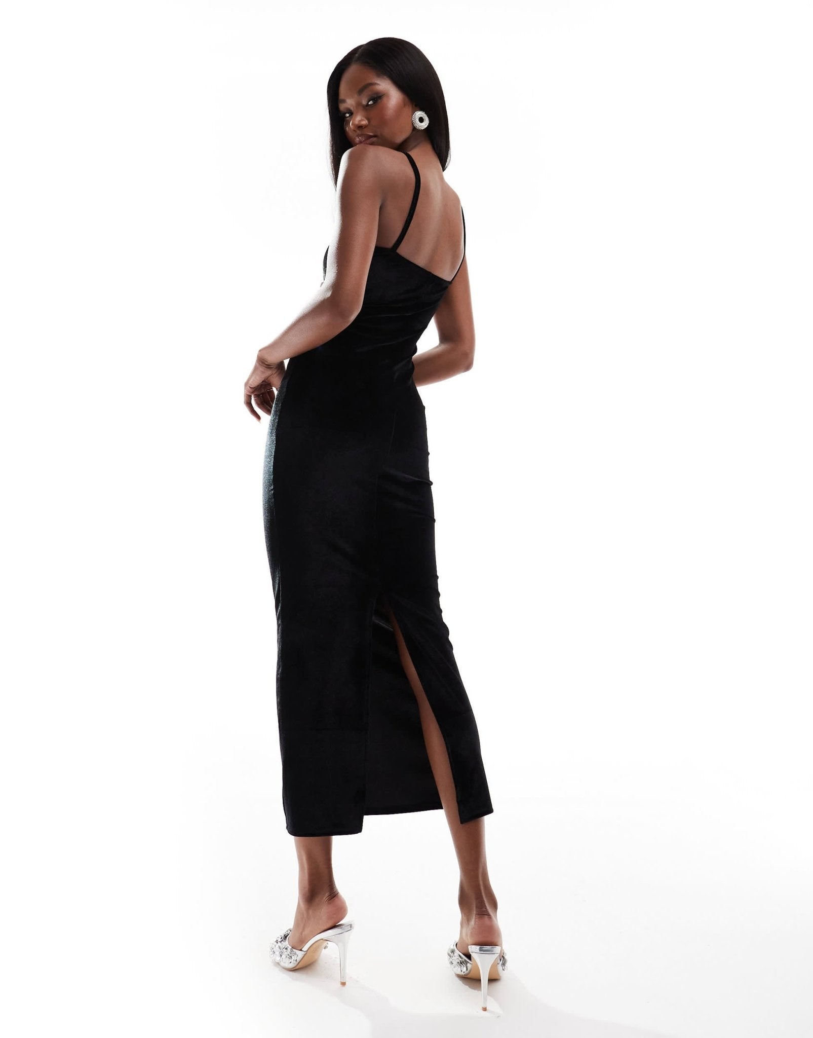 ASOS DESIGN velvet strappy cami pencil midi dress with diamante trim detail in black - ASOS Sample Sale