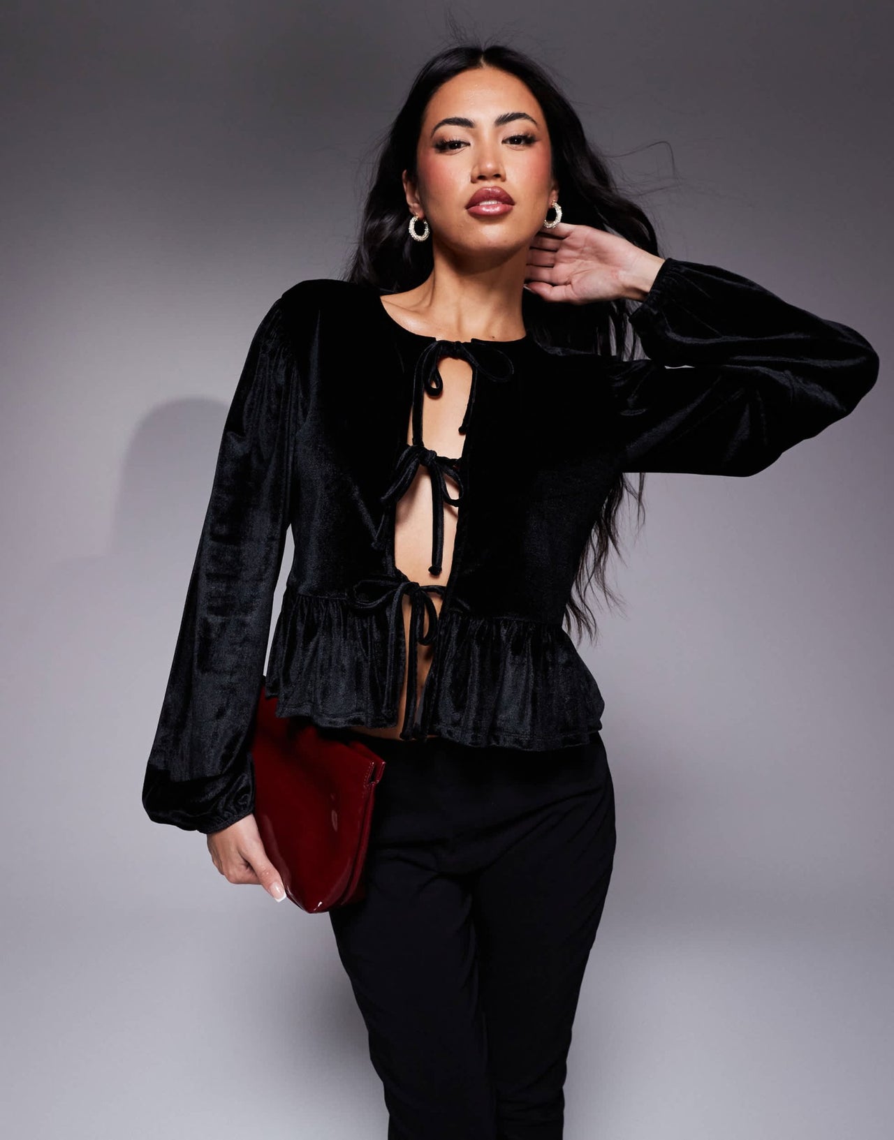 ASOS DESIGN velvet tie front long sleeve top in black - ASOS Sample Sale