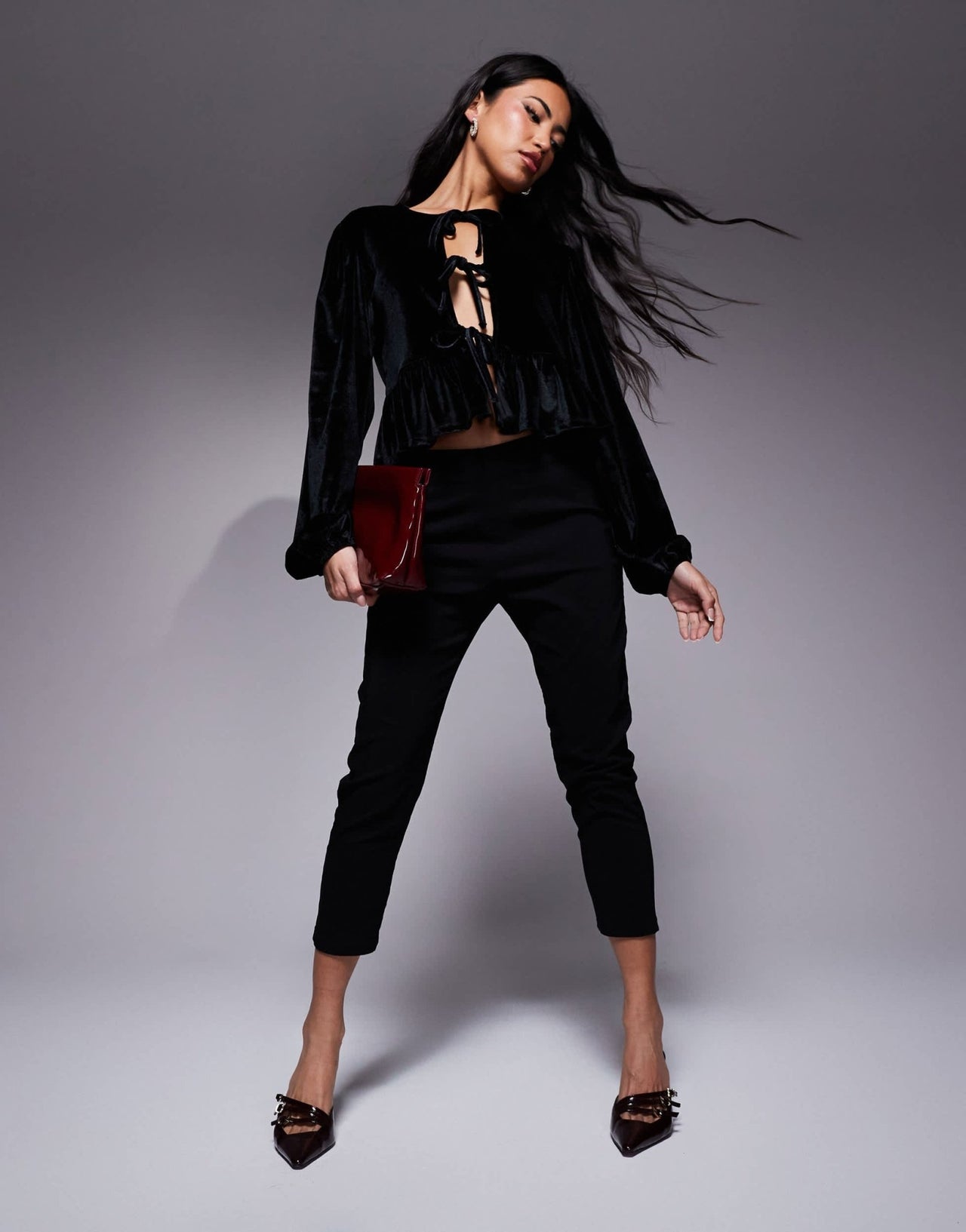 ASOS DESIGN velvet tie front long sleeve top in black - ASOS Sample Sale