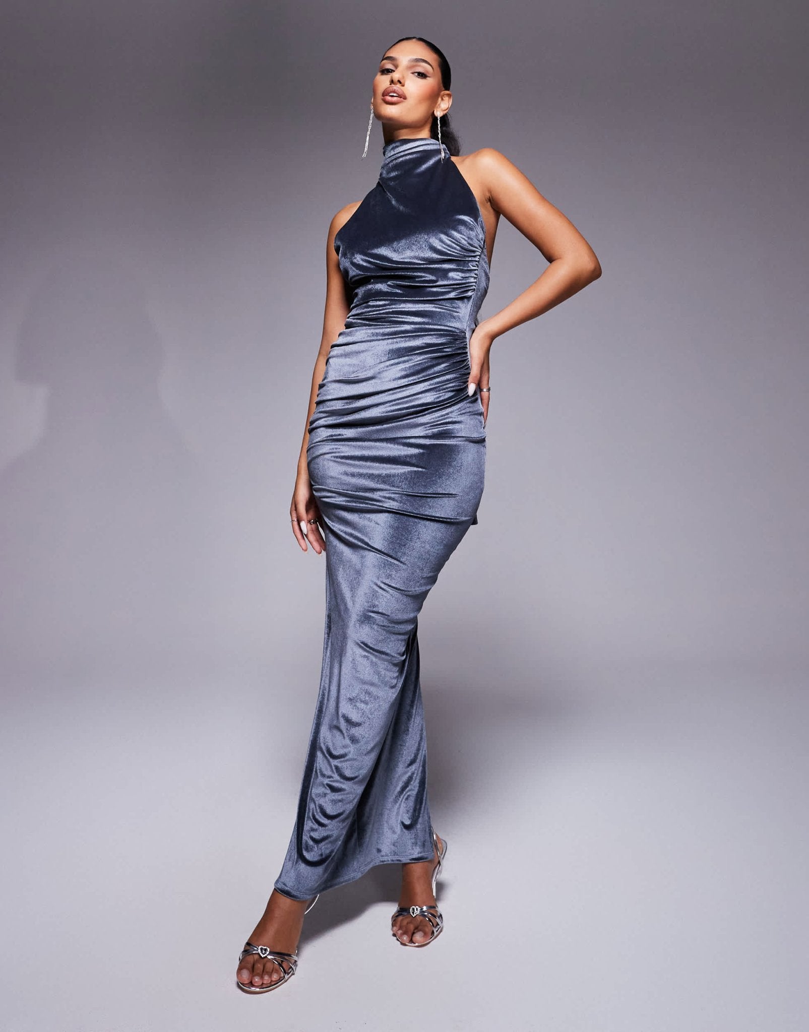 ASOS DESIGN velvet twist bust detail halter maxi dress with tie back neck in charcoal - ASOS Sample Sale